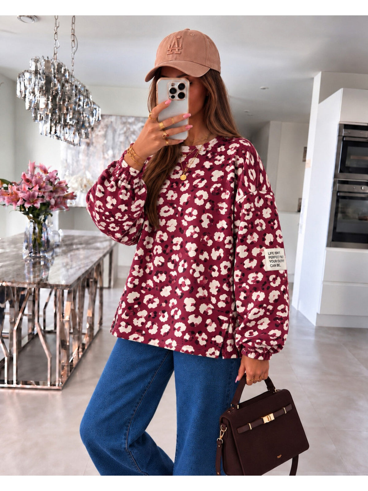 Pull oversize imprimé léopard et patch bordeaux pour femme, La Chica