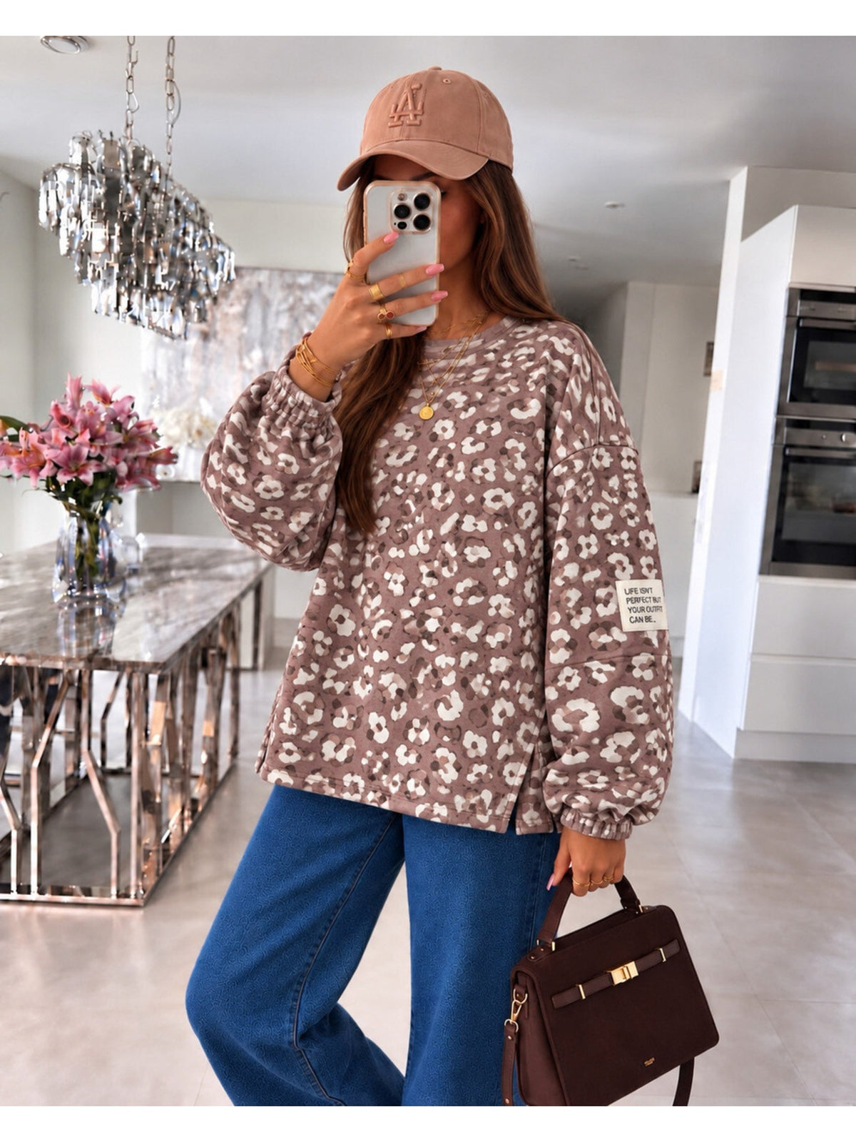 Pull oversize imprimé léopard et patch camel pour femme, La Chica