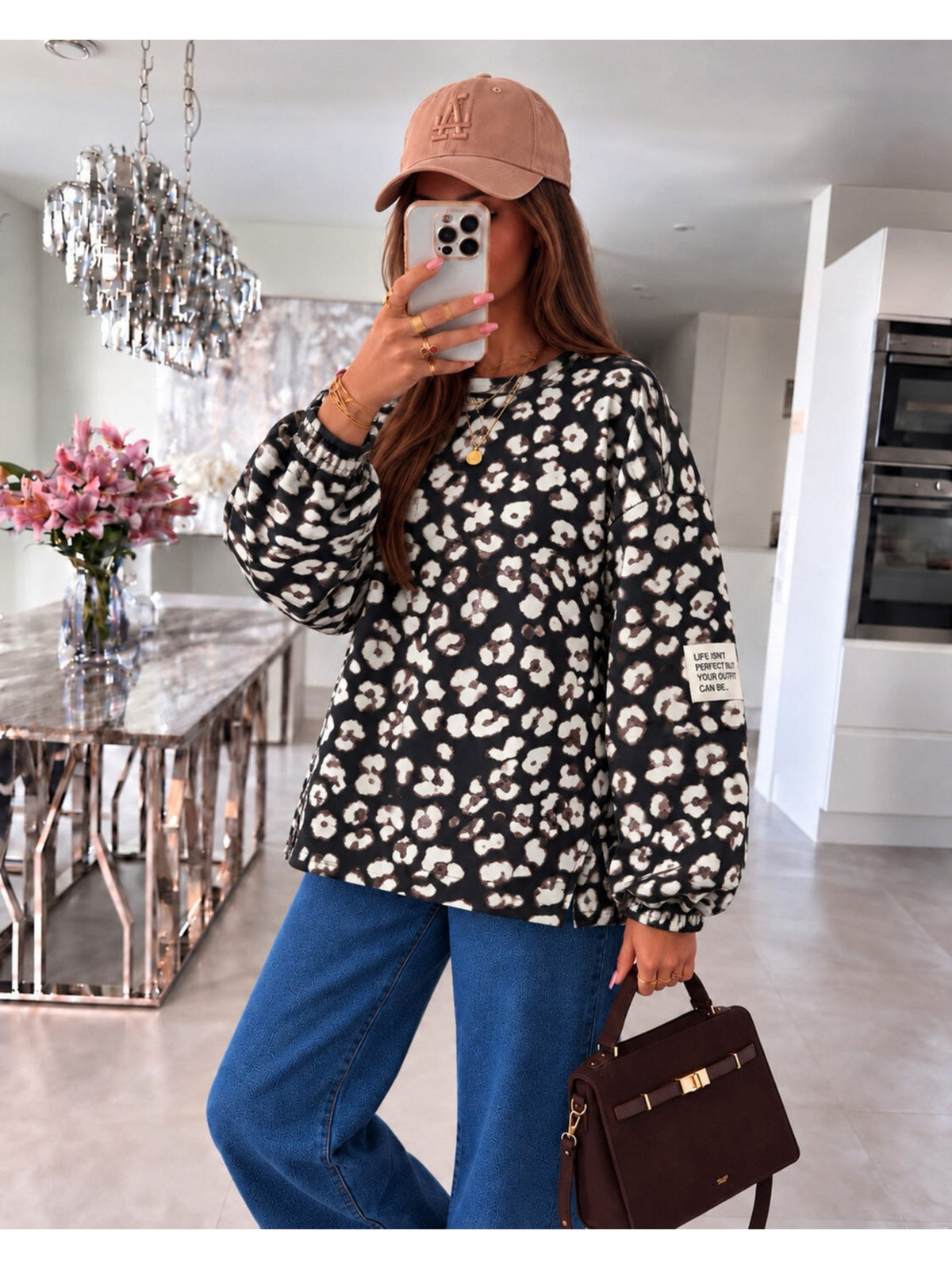 Pull oversize imprimé léopard et patch noir pour femme, La Chica