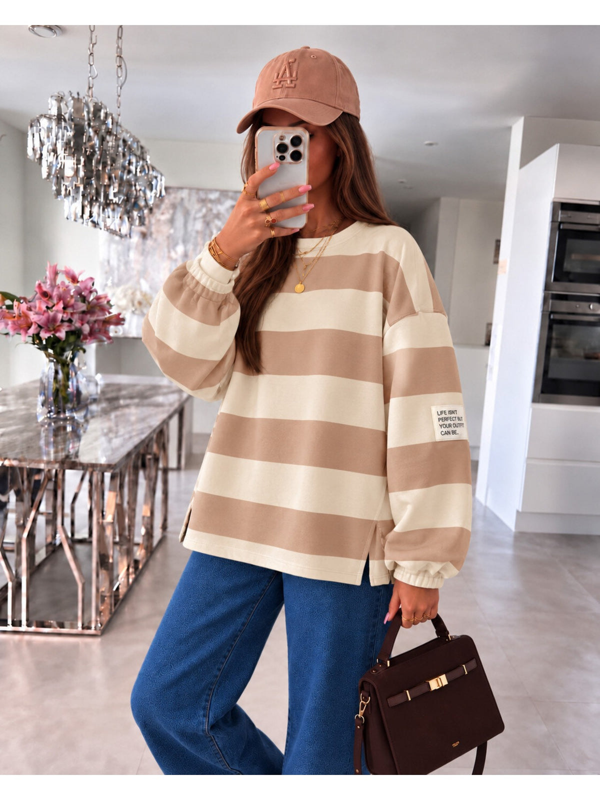 Pull oversize larges rayures et patch beige pour femme, La Chica