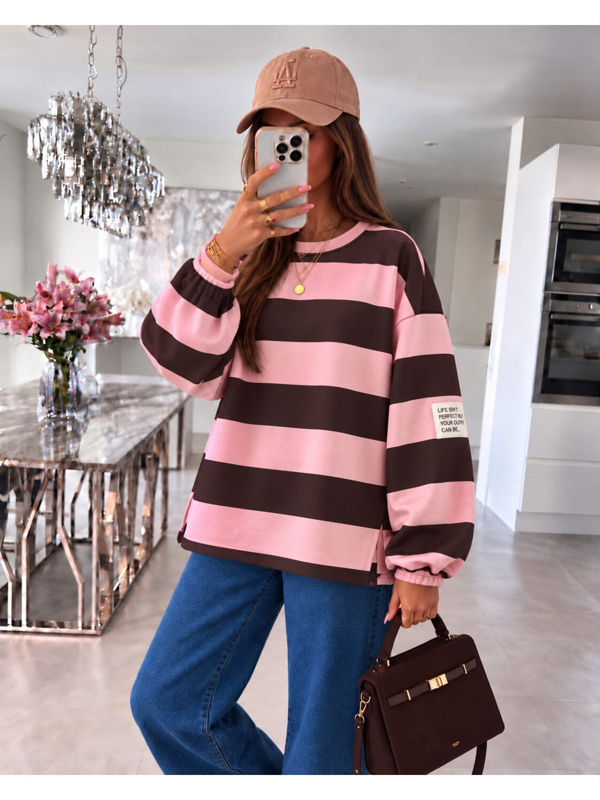 Pull oversize larges rayures et patch marron foncé pour femme, La Chica