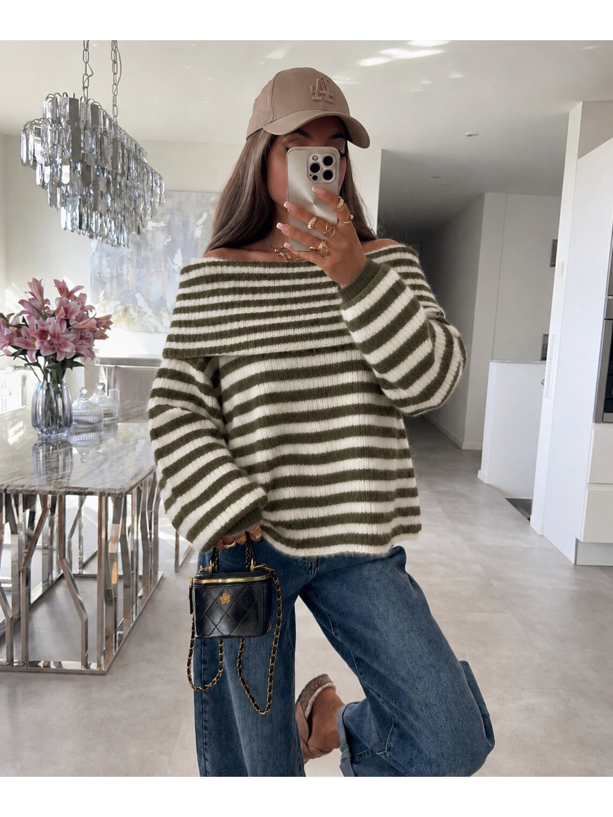 Pull oversize rayé col bardot modulable manches longues kaki pour femme, La Chica