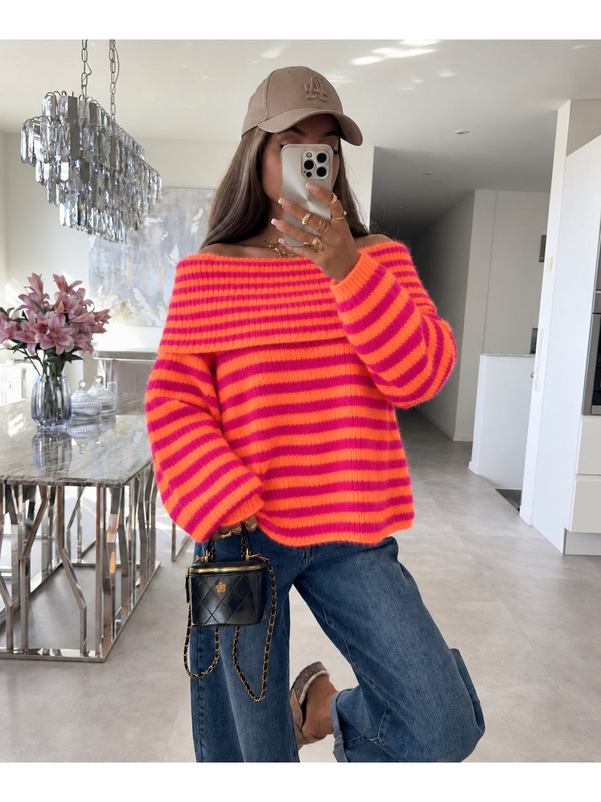 Pull oversize rayé col bardot modulable manches longues rouge orangé pour femme, La Chica