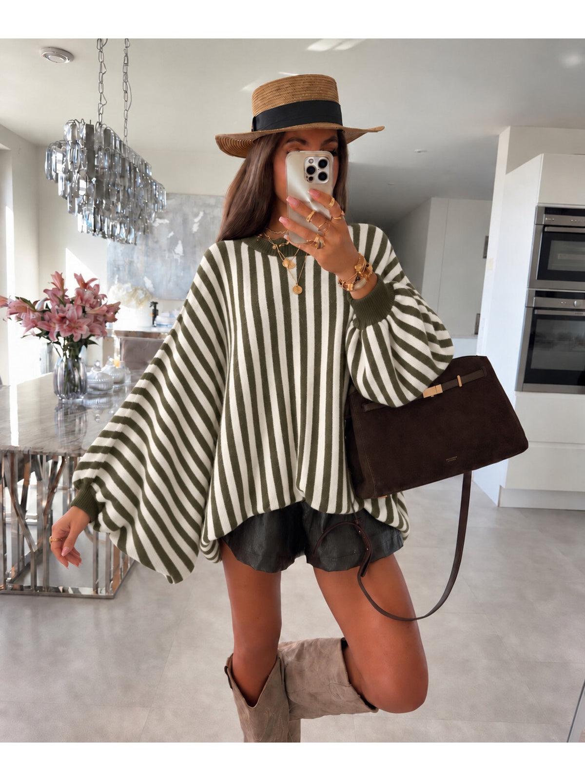 Pull oversize rayé manches ballon effet chauve-souris kaki pour femme, La Chica