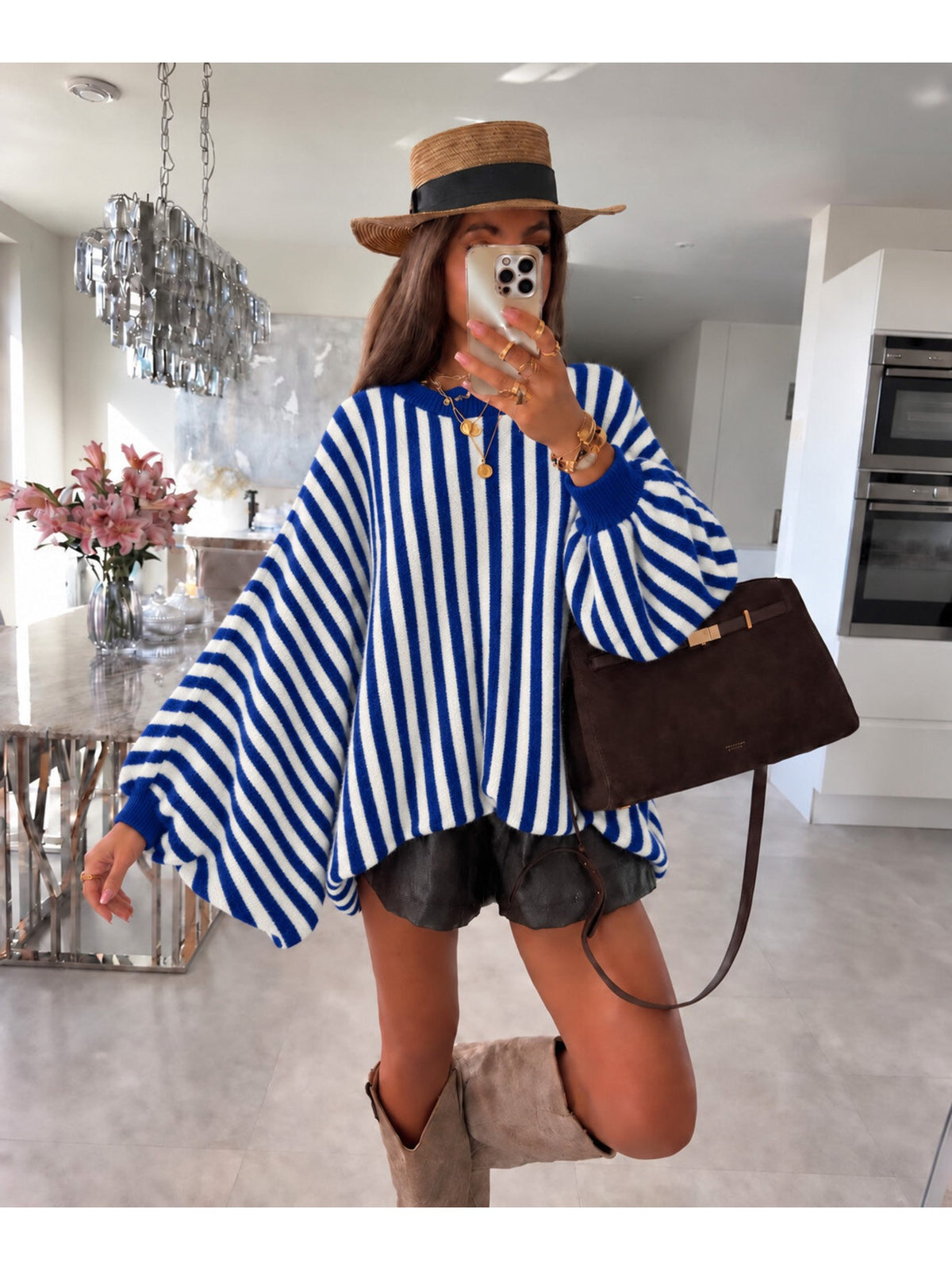 Pull oversize rayé manches ballon effet chauve-souris marine pour femme, La Chica