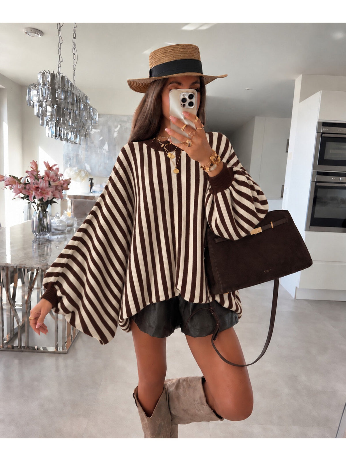Pull oversize rayé manches ballon effet chauve-souris marron pour femme, La Chica