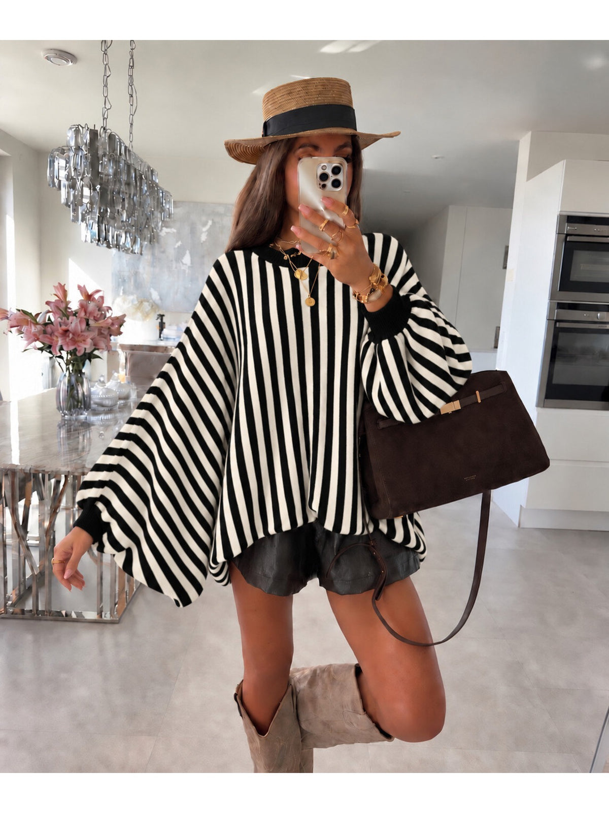 Pull oversize rayé manches ballon effet chauve-souris noir pour femme, La Chica