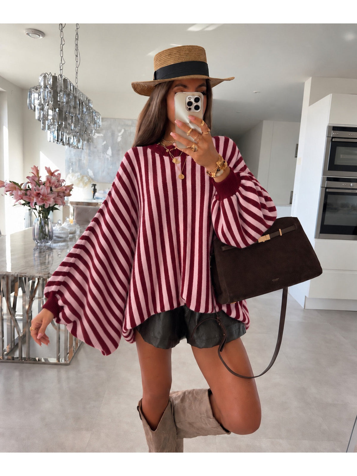 Pull oversize rayé manches ballon effet chauve-souris rose pour femme, La Chica