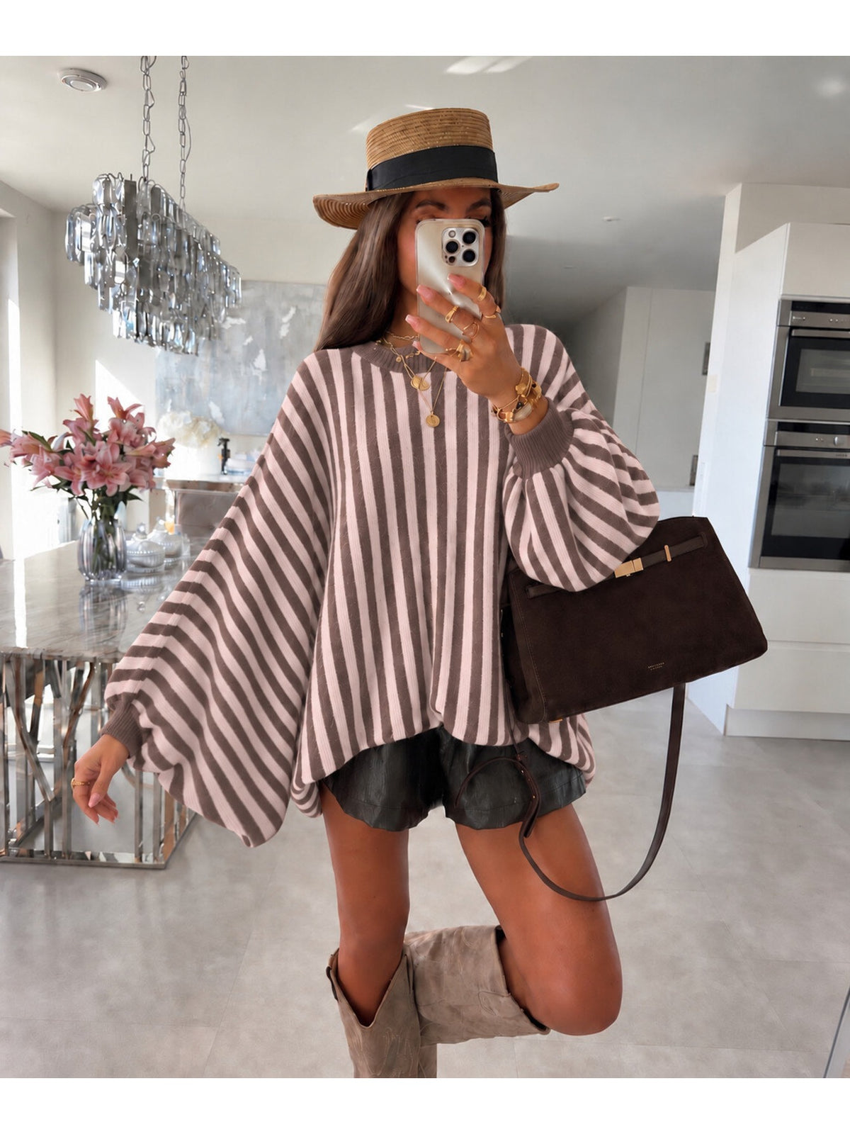 Pull oversize rayé manches ballon effet chauve-souris taupe pour femme, La Chica