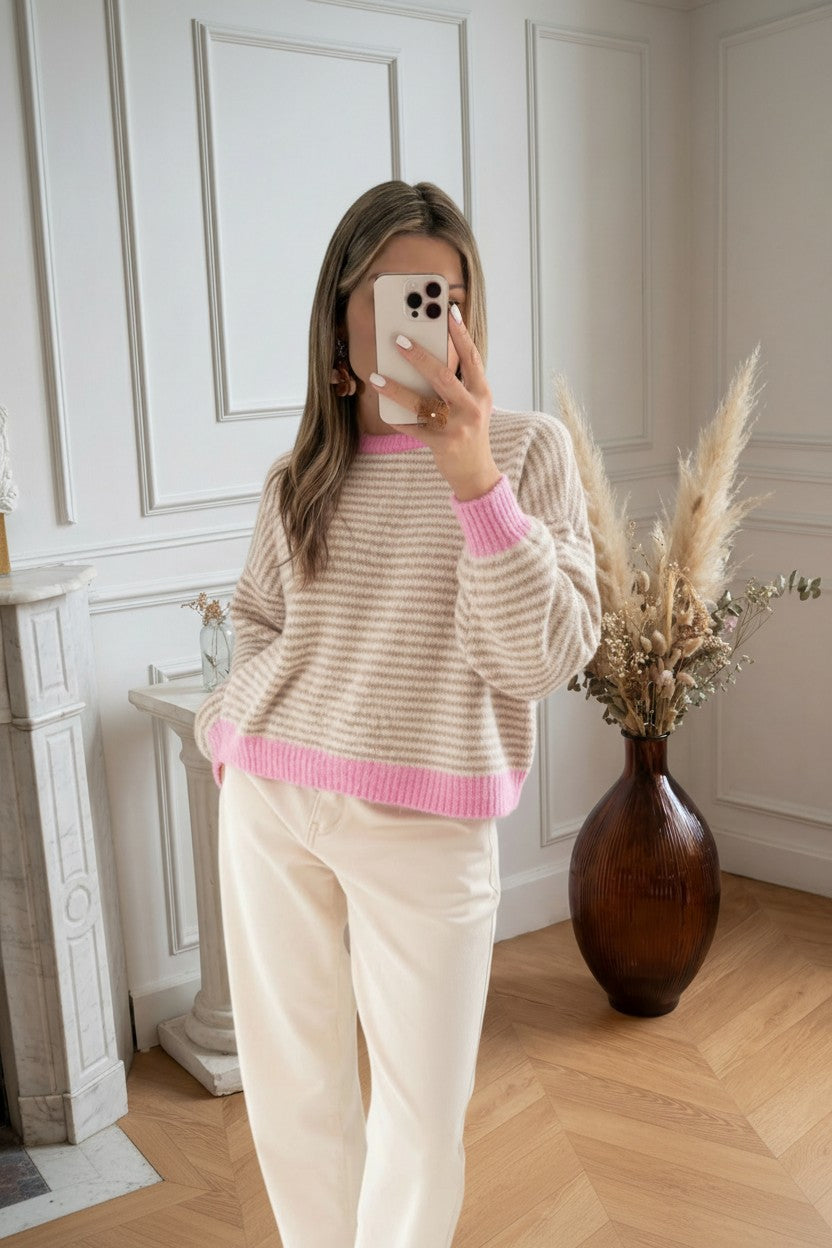 Pull à Rayures ✦ Écru & Marron Clair ✦ Finitions Roses ✦ Douceur Oversize & Élégance Cocooning La Chica