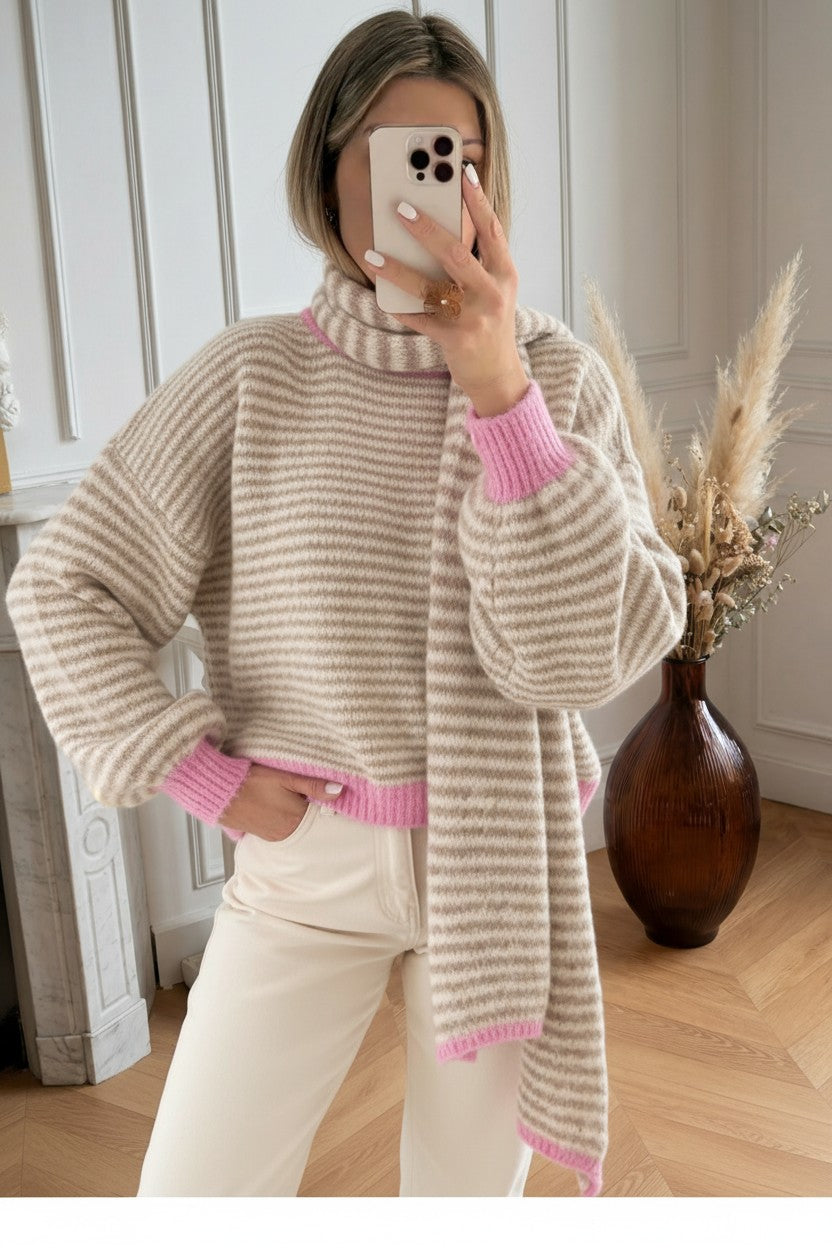 Pull à Rayures ✦ Écru & Marron Clair ✦ Finitions Roses ✦ Douceur Oversize & Élégance Cocooning La Chica