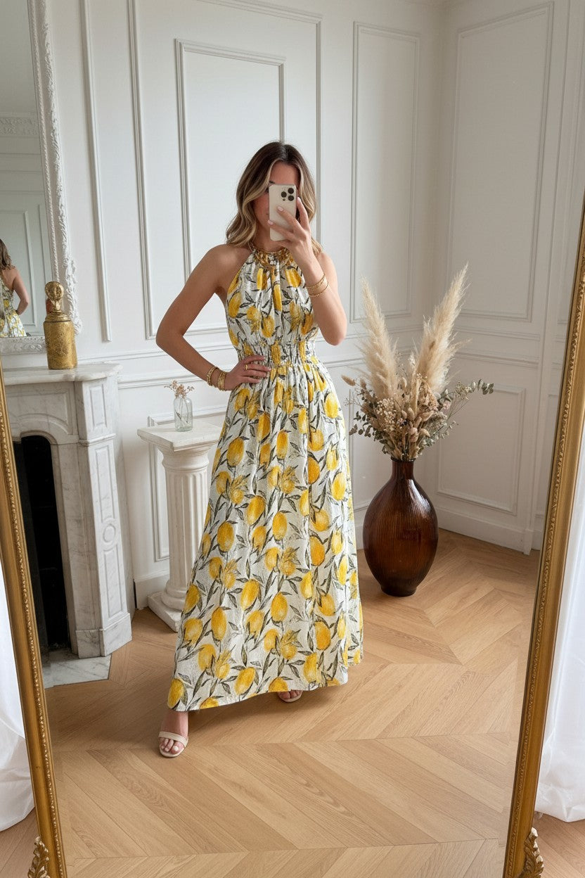 Robe Longue Imprimé Citron ✦ Blanc & Jaune ✦ Fraîcheur Estivale La Chica