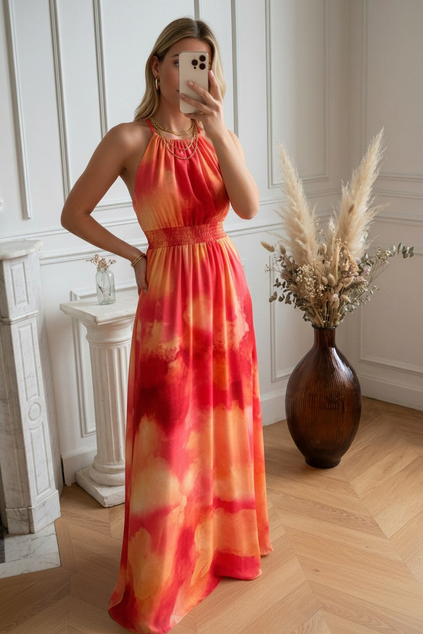 Robe Longue ✦ Dégradé Rouge & Orange ✦ Effet Soleil La Chica