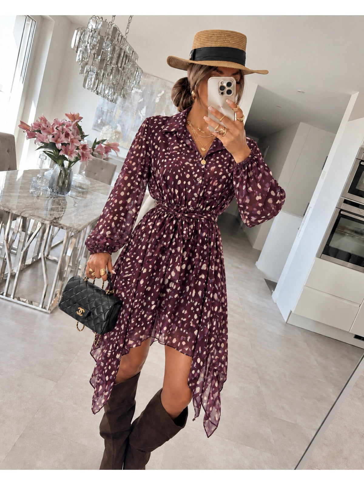Robe chemise imprimée biche asymétrique avec ceinture bordeaux pour femme, La Chica
