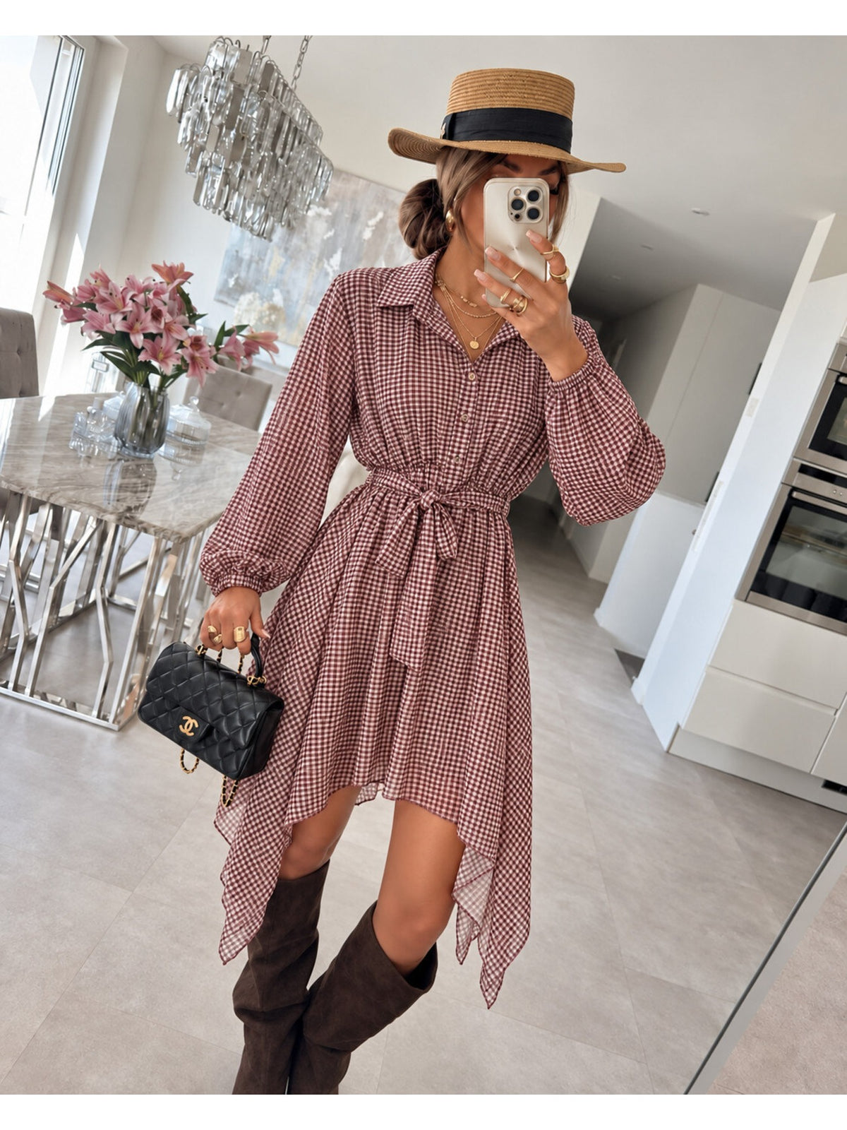 Robe chemise imprimée carreaux asymétrique avec ceinture bordeaux pour femme, La Chica