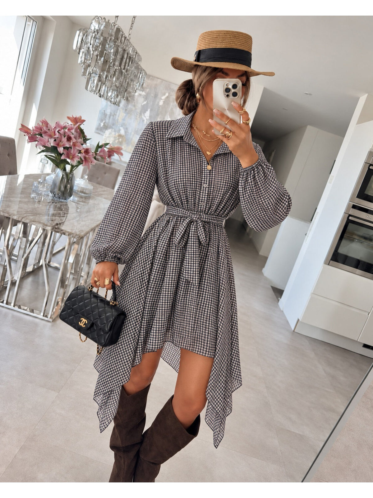 Robe chemise imprimée carreaux asymétrique avec ceinture marine pour femme, La Chica