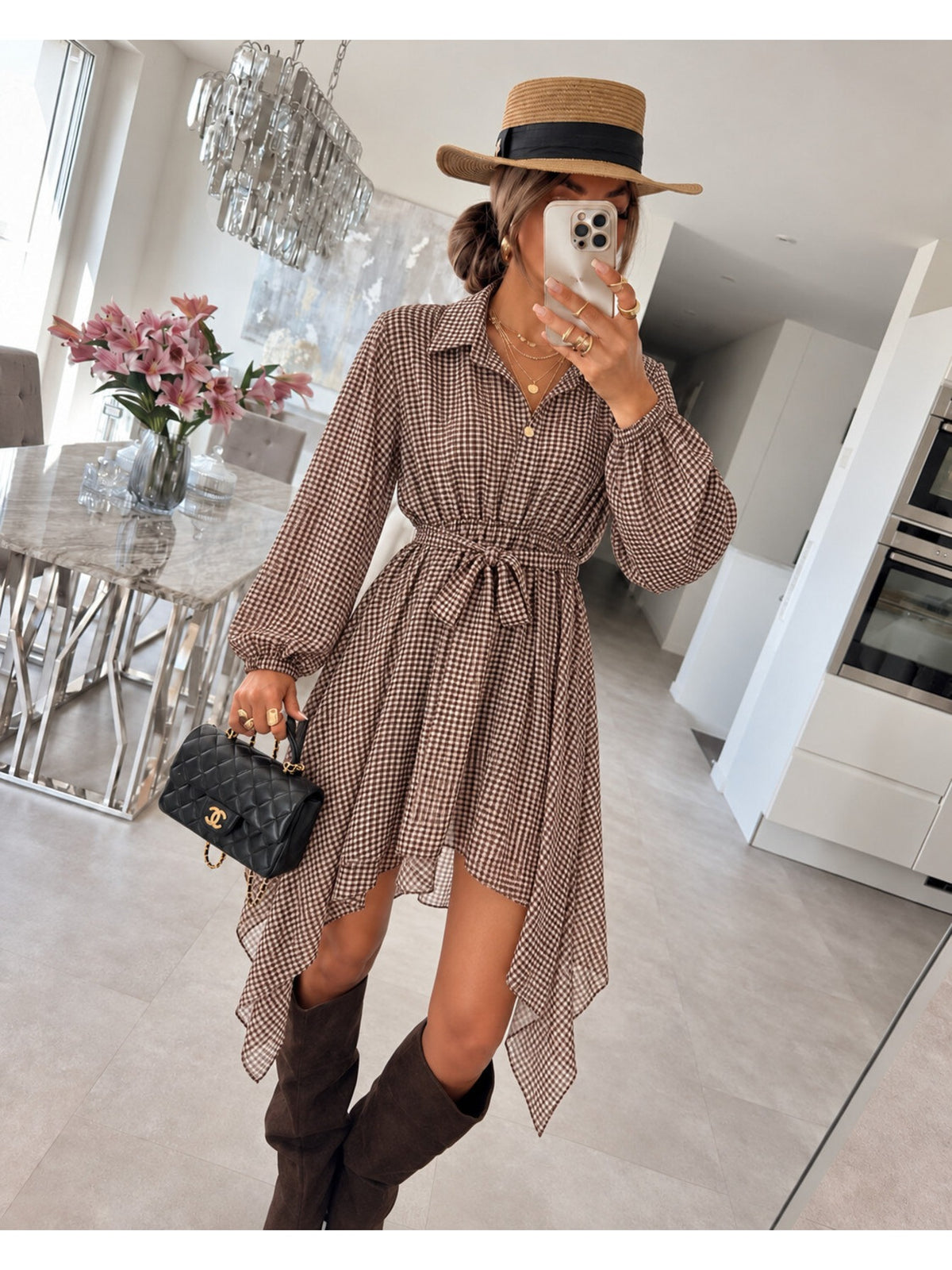 Robe chemise imprimée carreaux asymétrique avec ceinture marron foncé pour femme, La Chica