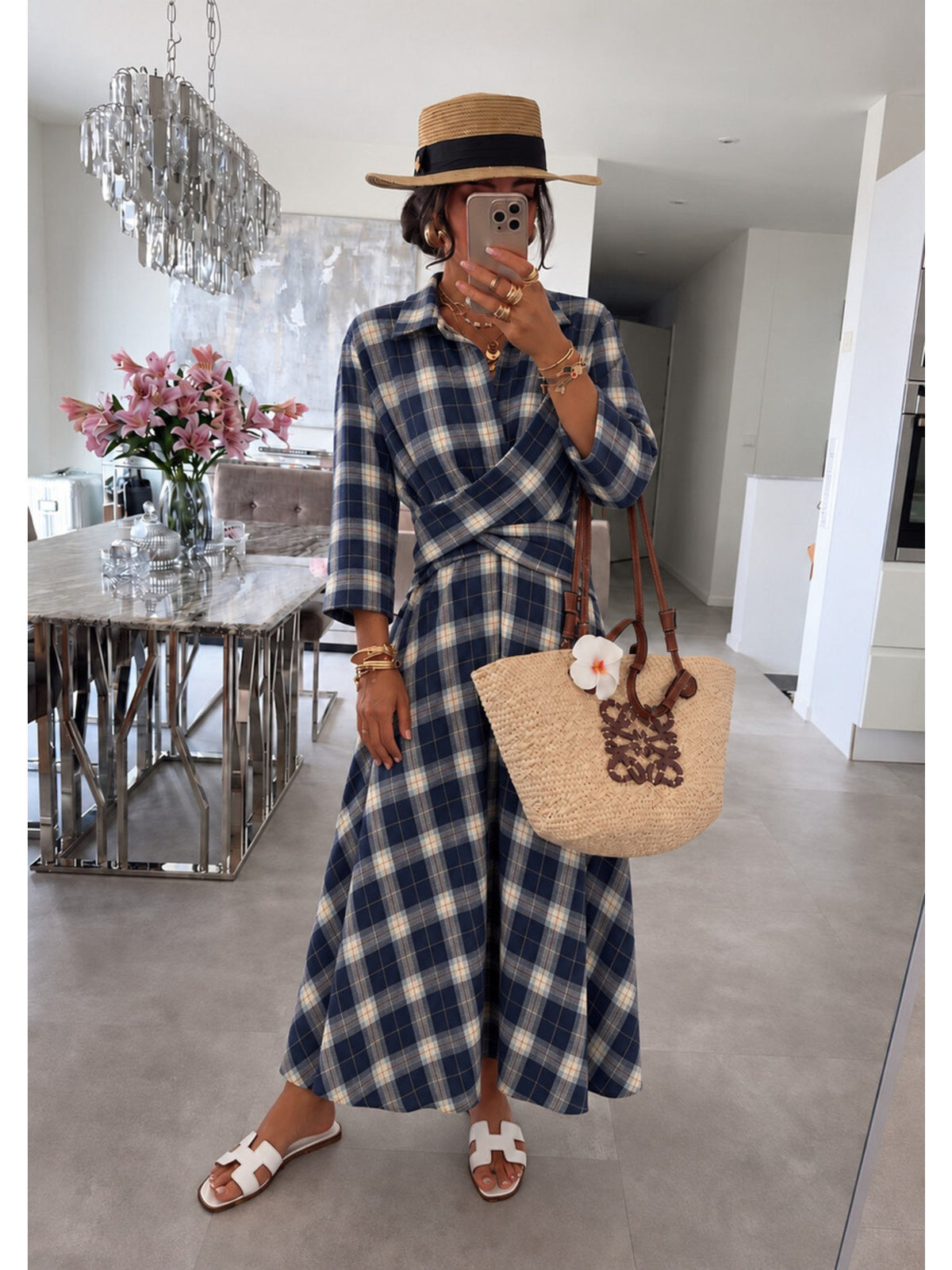 Robe chemise longue à carreaux croisée effet flanelle marine pour femme, La Chica