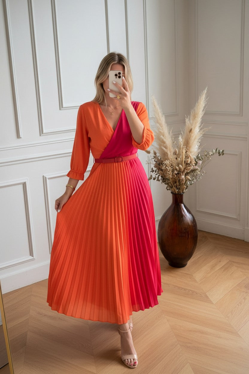 Robe Plissée ✦ Orange & Fuchsia ✦ Style Vibrant La Chica