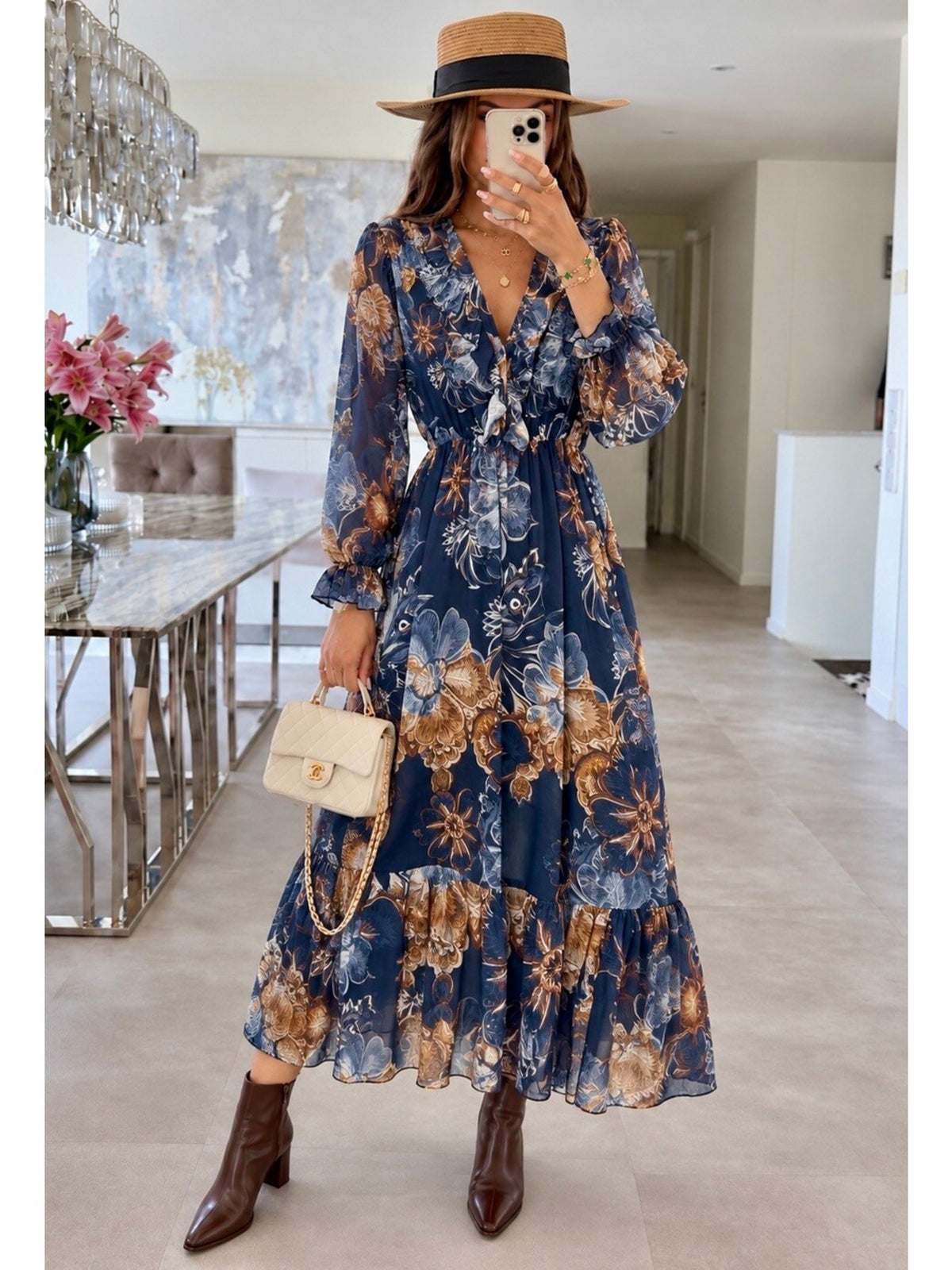 Robe longue en mousseline imprimé fleuri à volants marine pour femme, La Chica