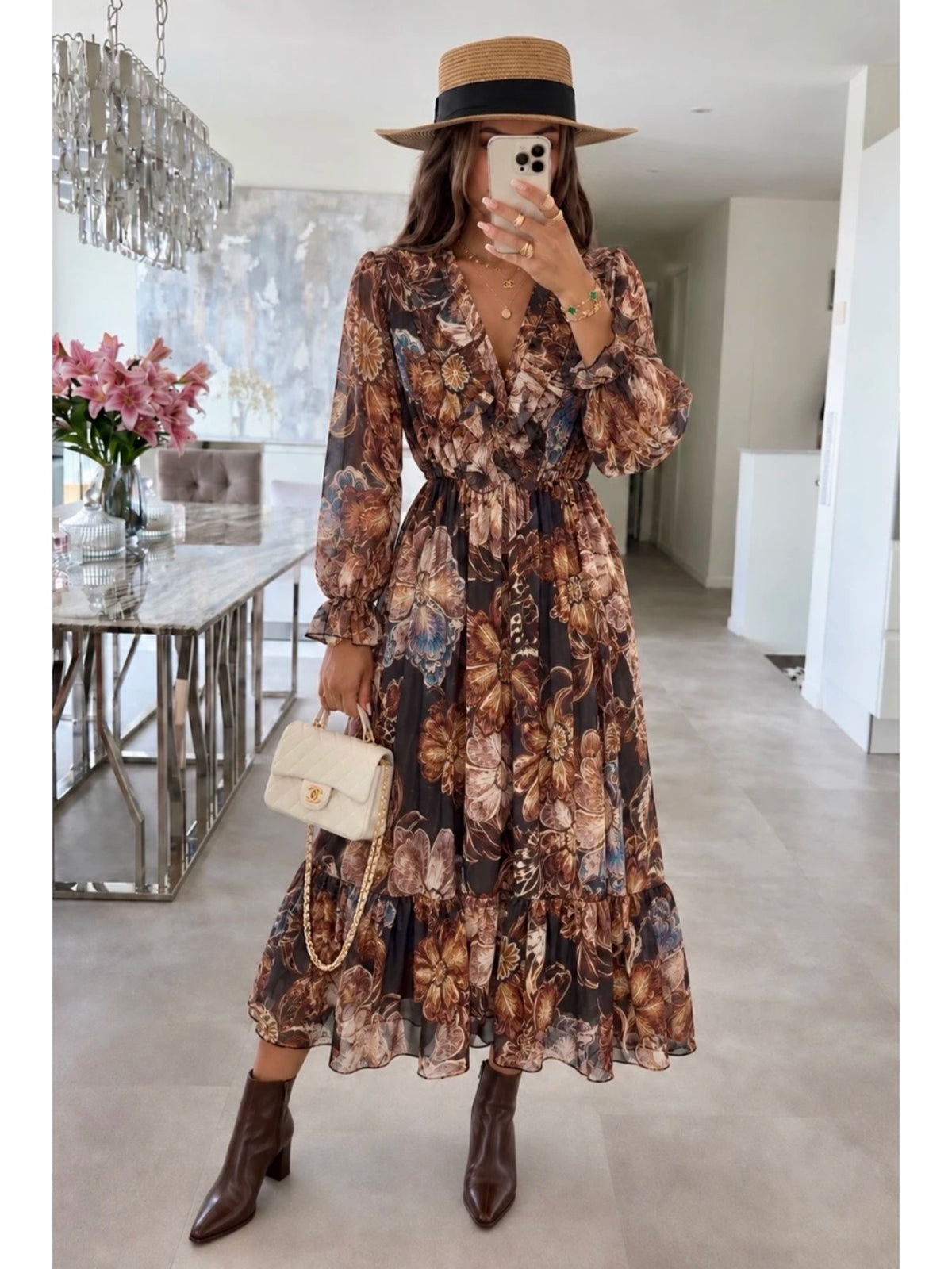 Robe longue en mousseline imprimé fleuri à volants marron foncé pour femme, La Chica