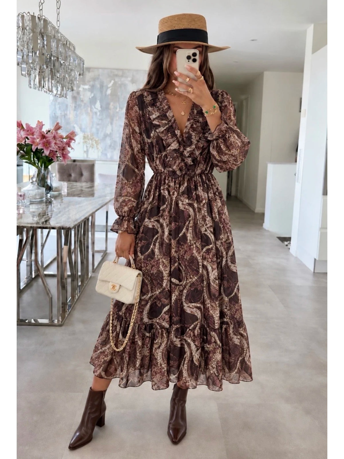 Robe longue en mousseline imprimé paisley à volants marron foncé pour femme, La Chica