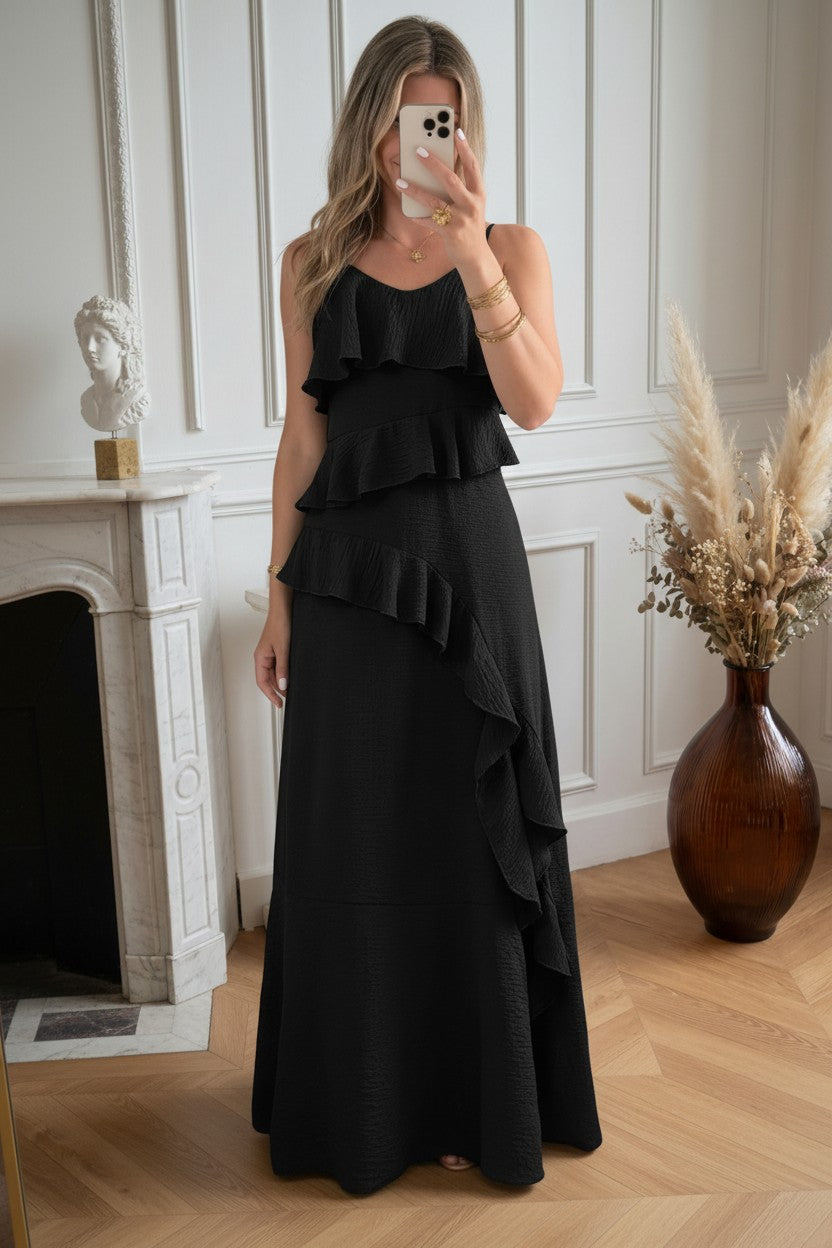 Robe Longue à Volants ✦ Noir Intemporel ✦ Élégance Fluide & Féminine La Chica