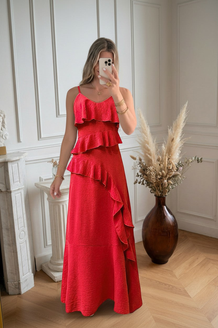 Robe Longue à Volants ✦ Rouge ✦ Coupe Fluide & Féminine La Chica