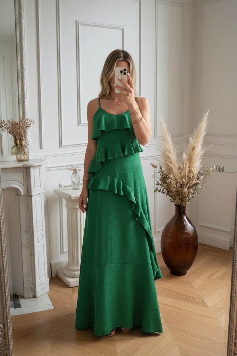 Robe Longue à Volants ✦ Vert Émeraude ✦ Coupe Fluide & Féminine La Chica