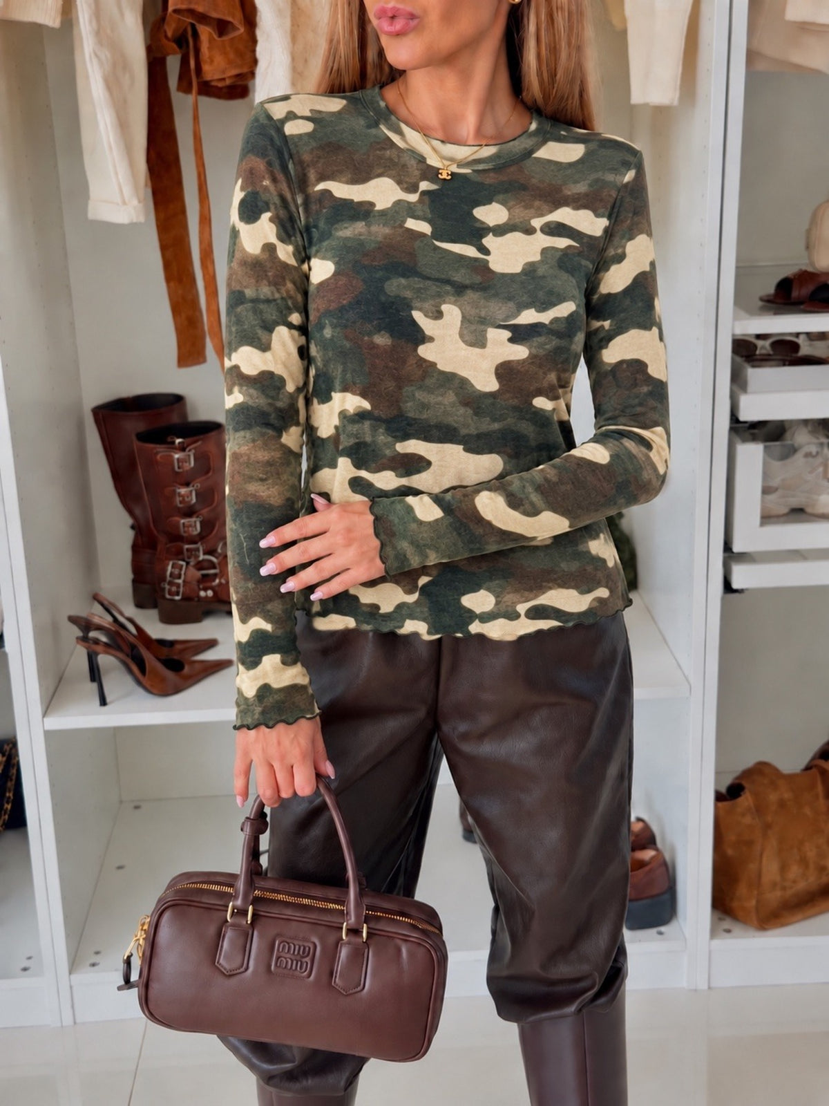 Top en cachemire imprimé camouflage manches longues kaki pour femme, La Chica