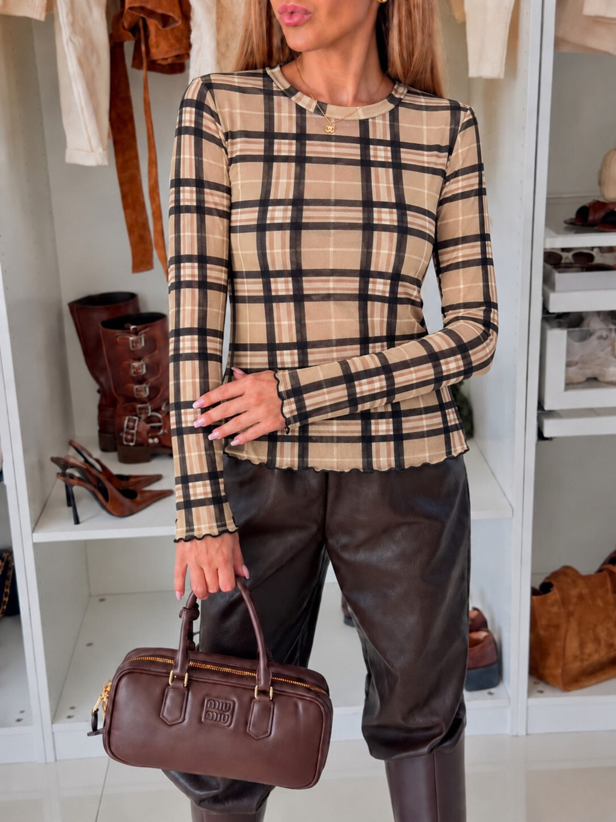Top en cachemire imprimé carreaux manches longues beige pour femme, La Chica