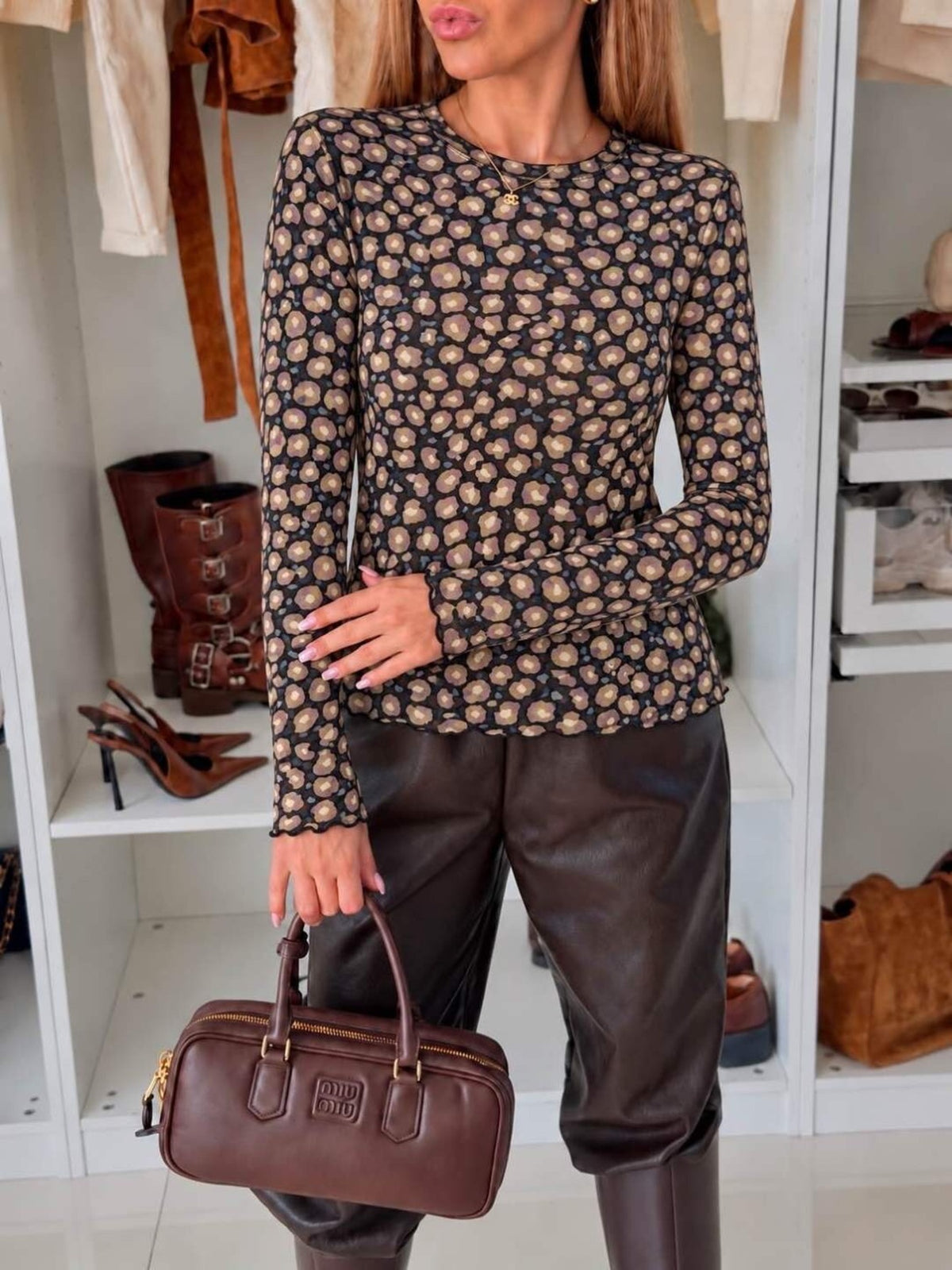 Top en cachemire imprimé mini léopard manches longues noir pour femme, La Chica