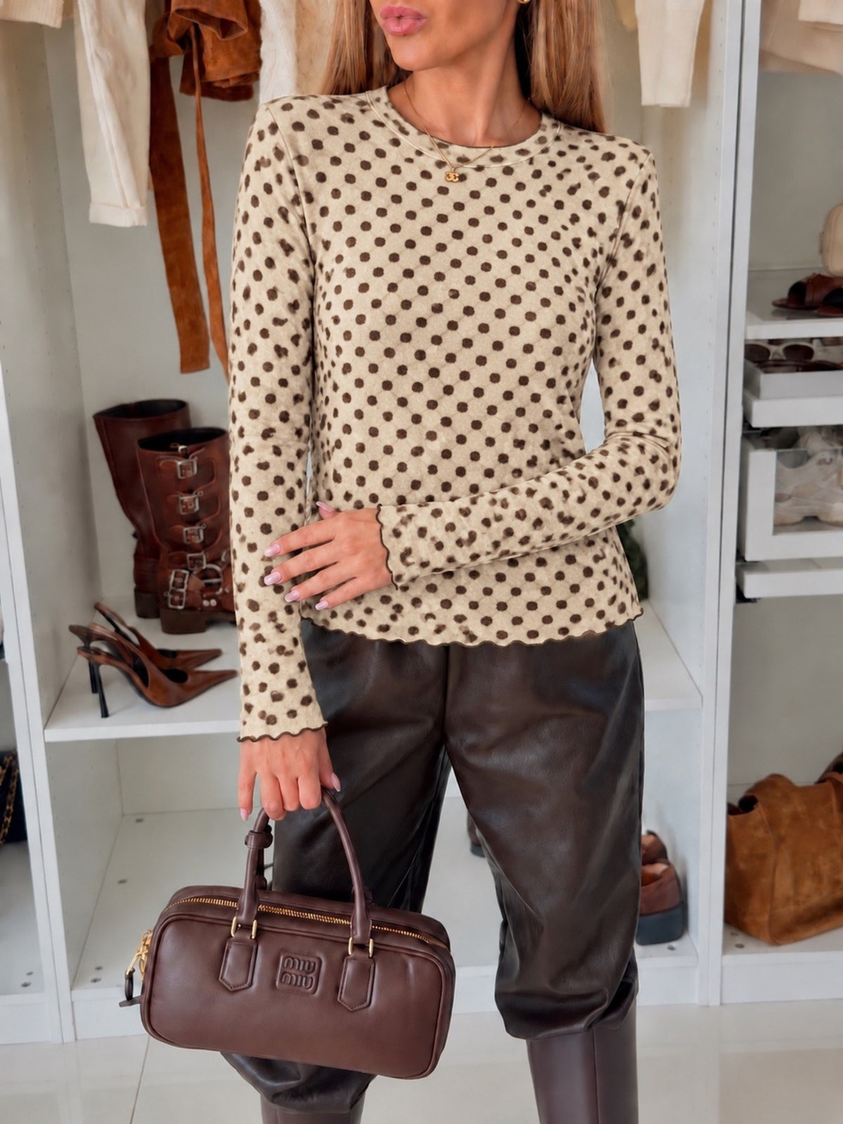 Top en cachemire imprimé mini motifs manches longues beige pour femme, La Chica