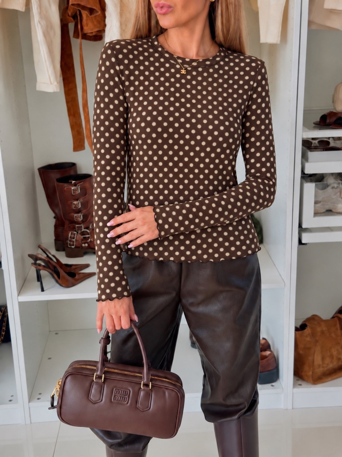 Top en cachemire imprimé mini motifs manches longues marron foncé pour femme, La Chica