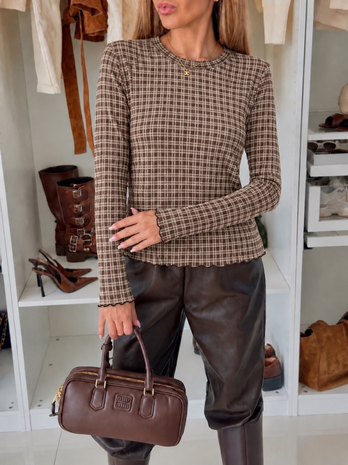 Top en cachemire imprimé pied-de-poule manches longues marron foncé pour femme, La Chica