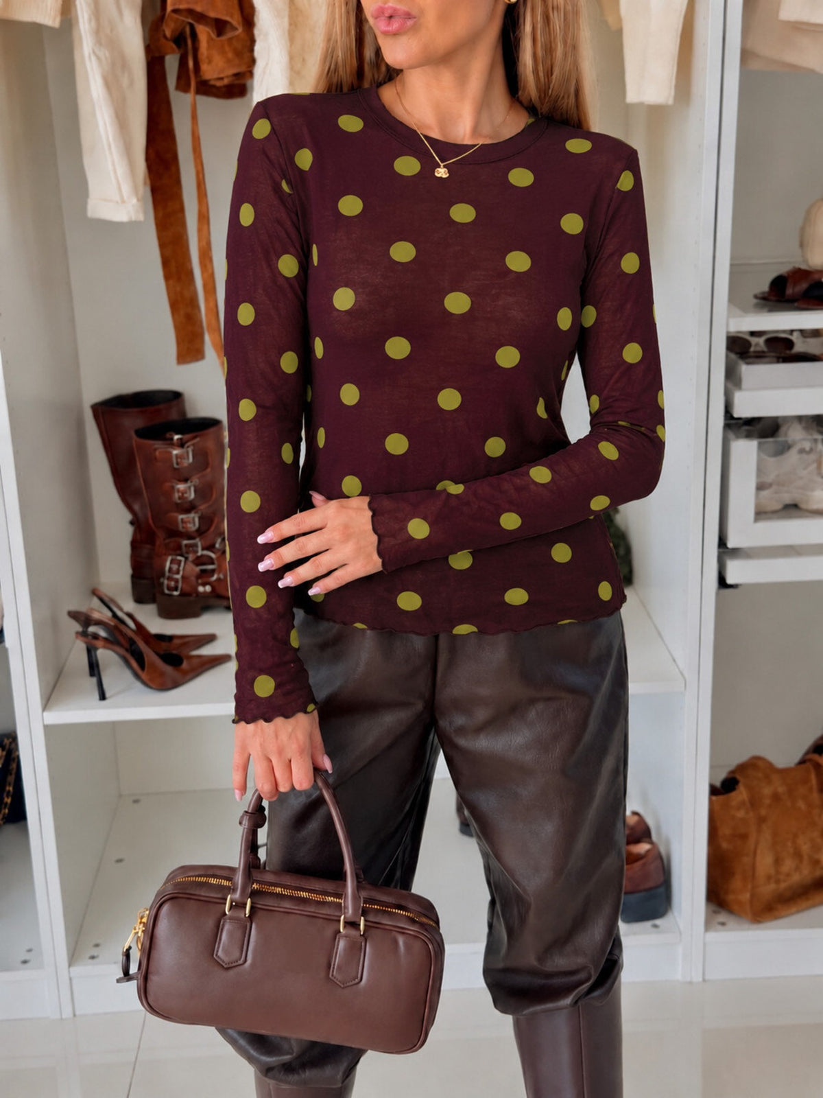 Top en cachemire imprimé pois manches longues bordeaux pour femme, La Chica
