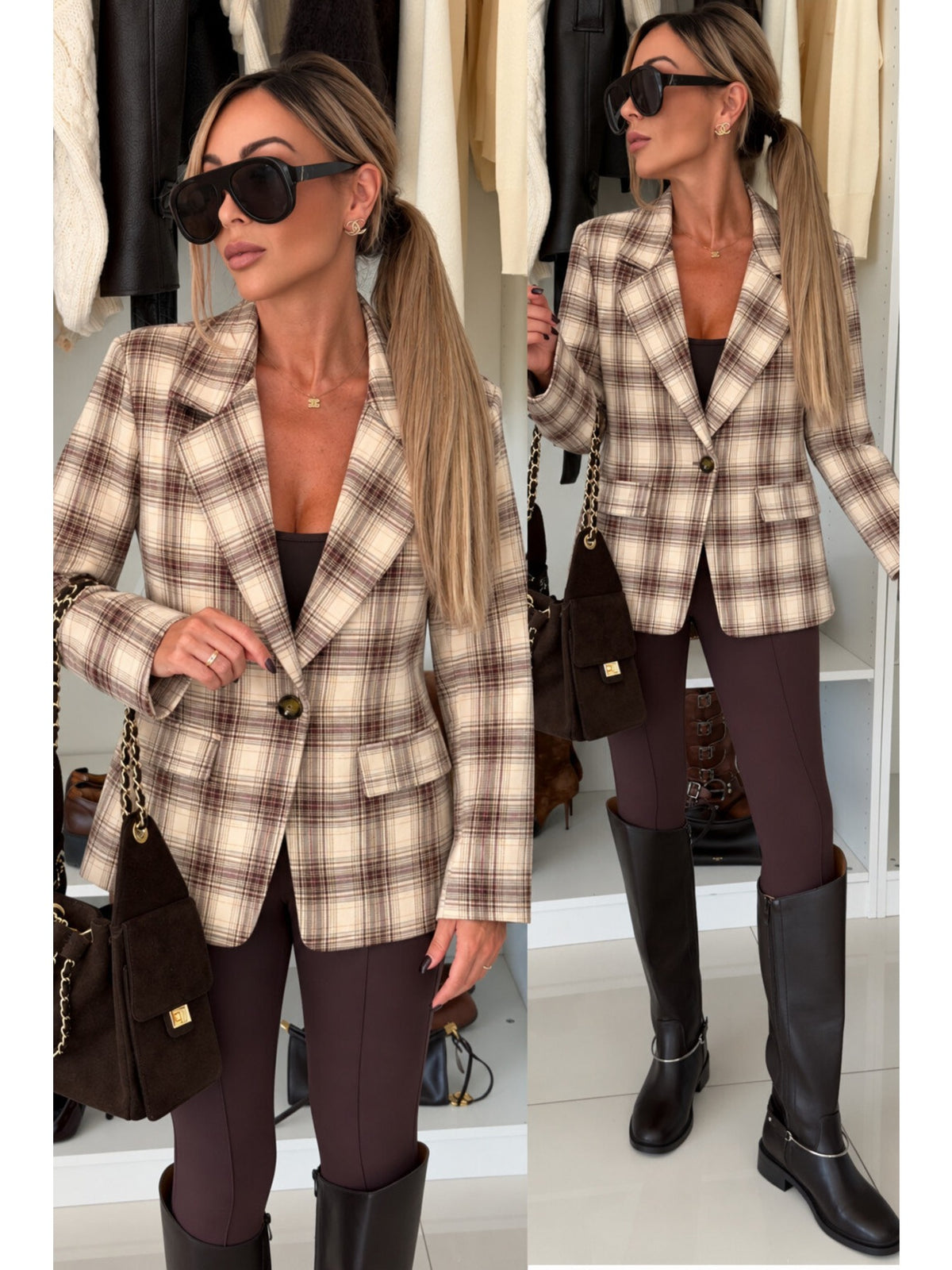 Veste blazer à carreaux avec doublure beige pour femme, La Chica