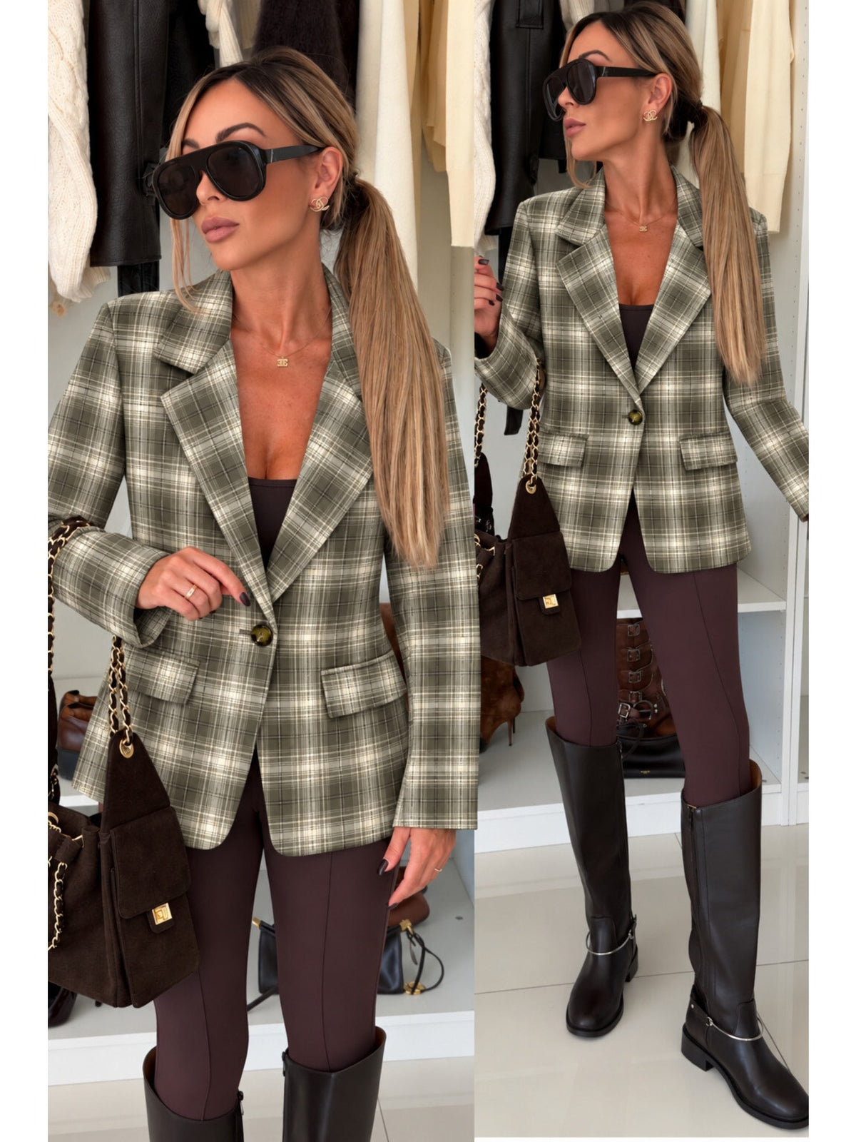 Veste blazer à carreaux avec doublure kaki pour femme, La Chica