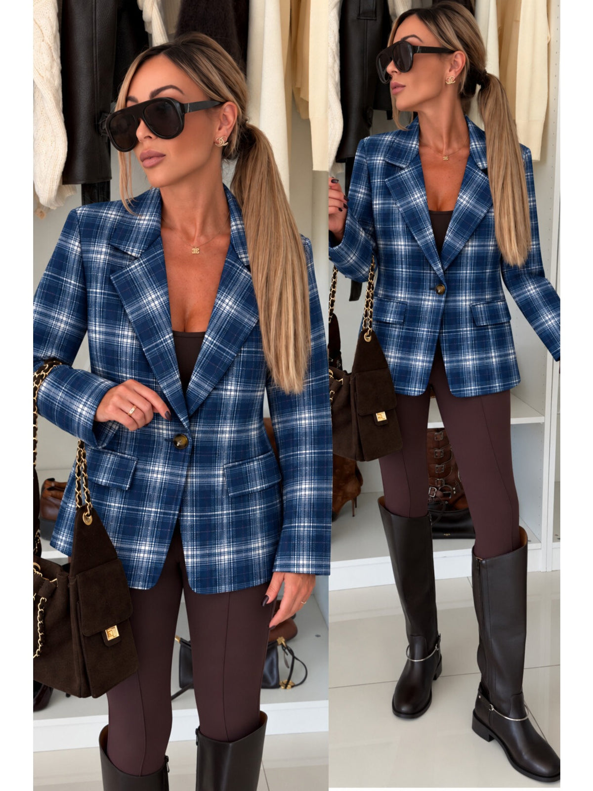 Veste blazer à carreaux avec doublure marine pour femme, La Chica
