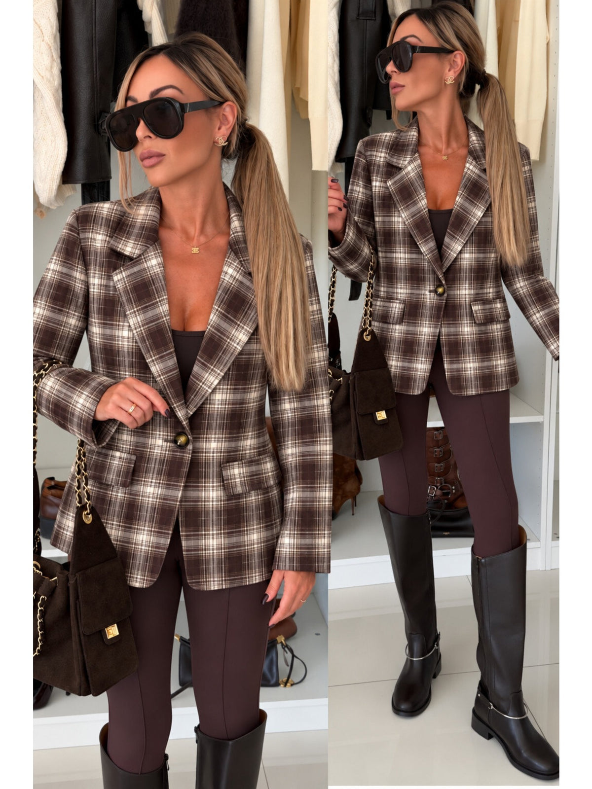 Veste blazer à carreaux avec doublure marron pour femme, La Chica