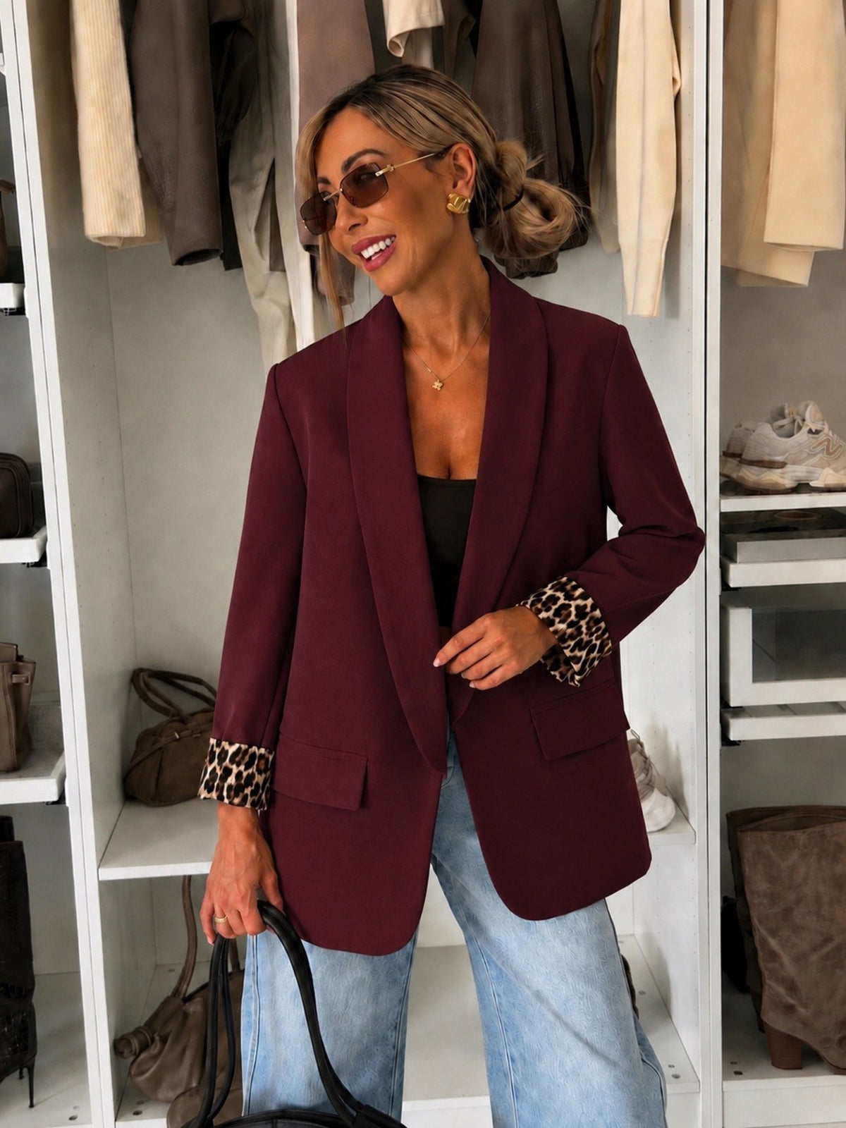 Veste blazer à revers manches léopard bordeaux pour femme, La Chica