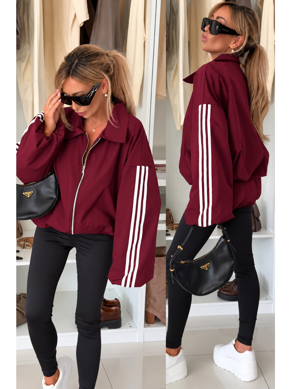Veste bomber à bandes contrastantes et fermeture zippée bordeaux pour femme, La Chica, vue 1
