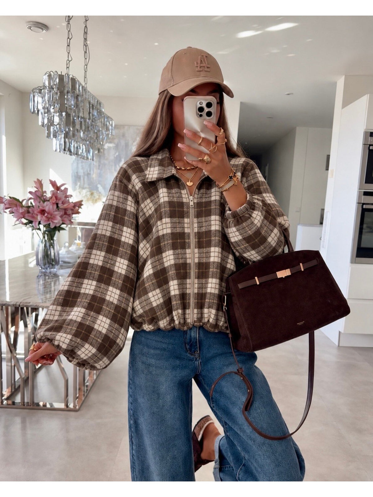Veste bomber carreaux tissu extensible manches ballon marron pour femme, La Chica