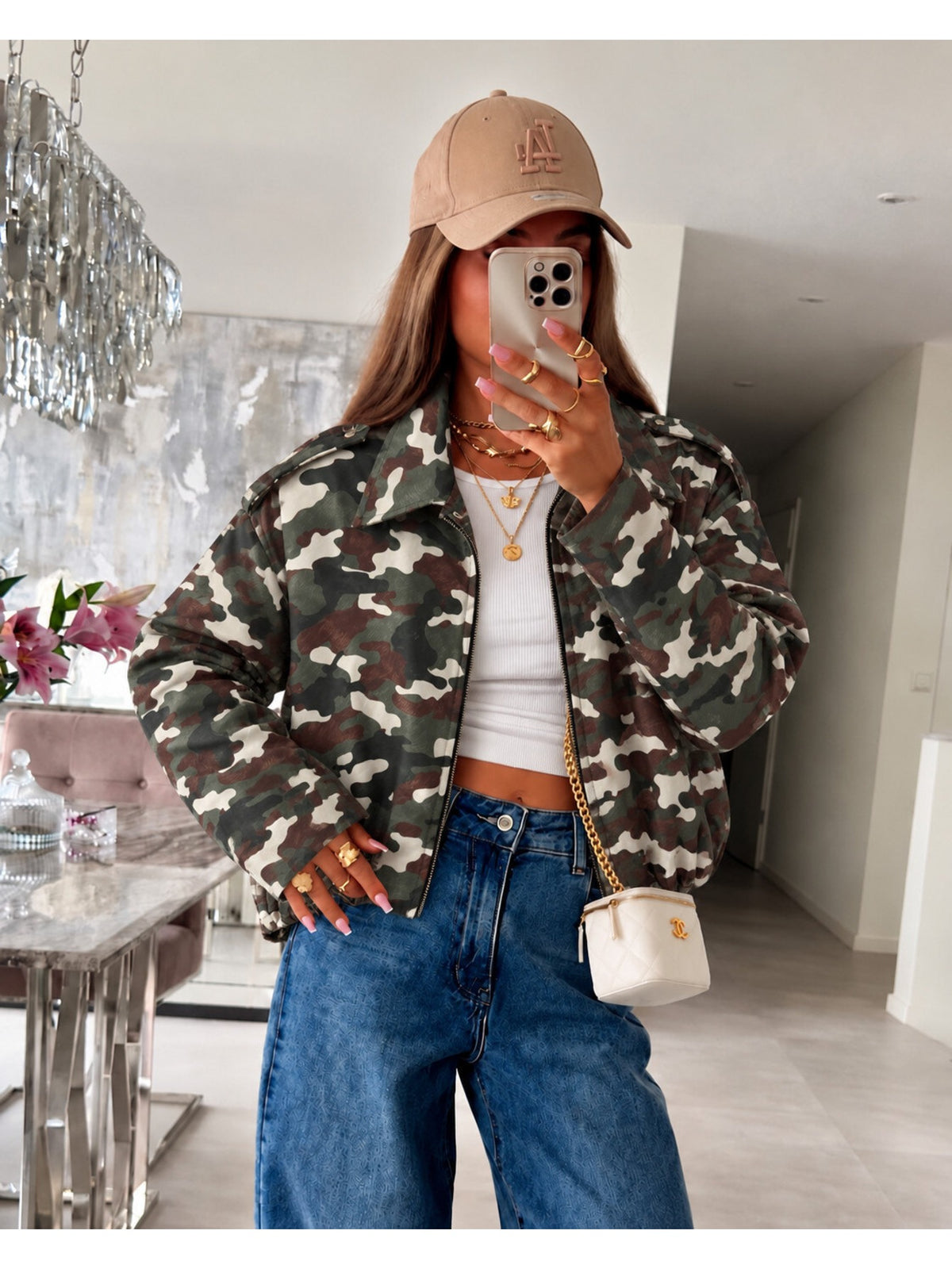 Veste bomber imprimé camouflage col chemise zippée kaki pour femme, La Chica, vue 1