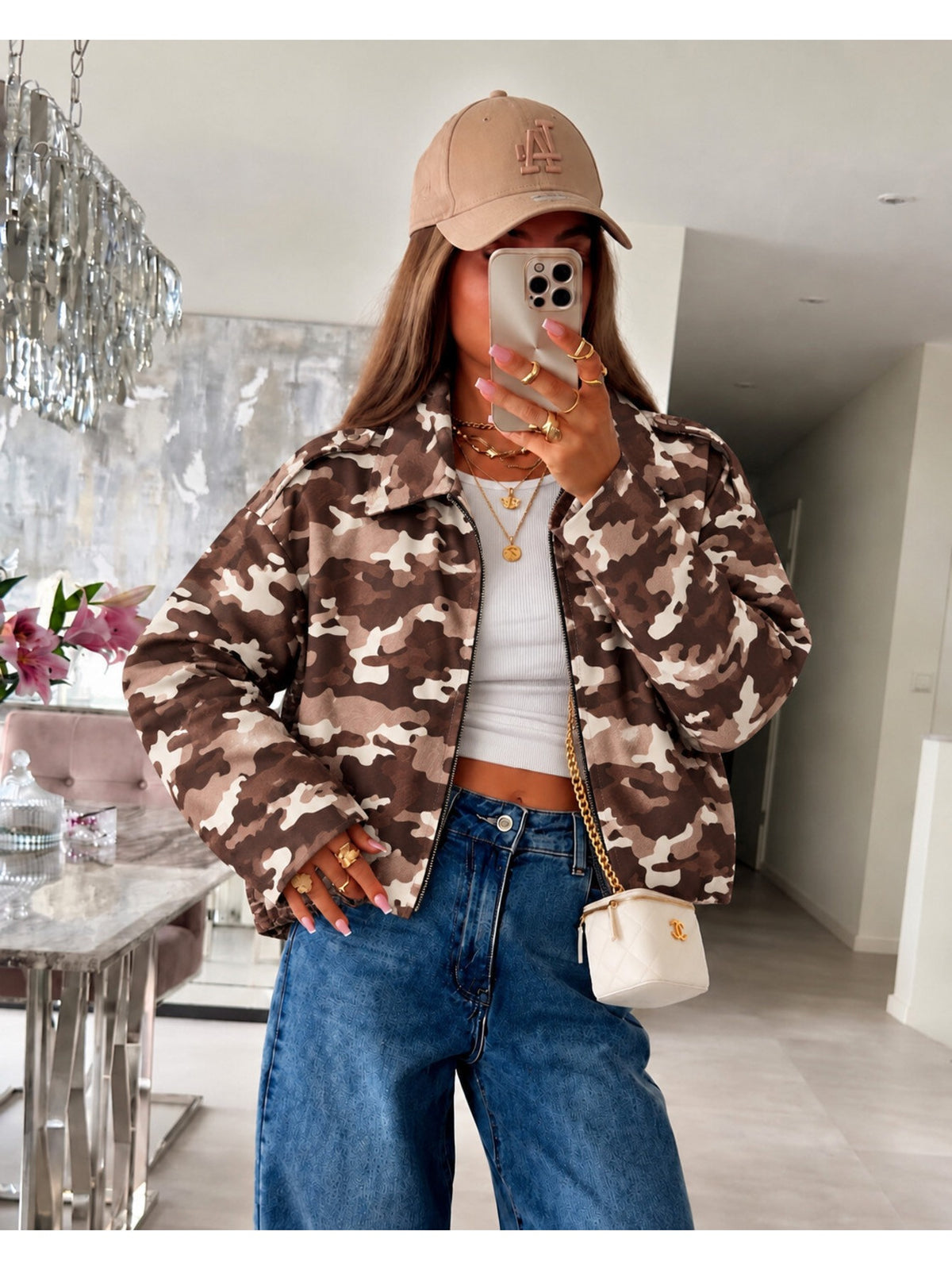 Veste bomber imprimé camouflage col chemise zippée marron pour femme, La Chica