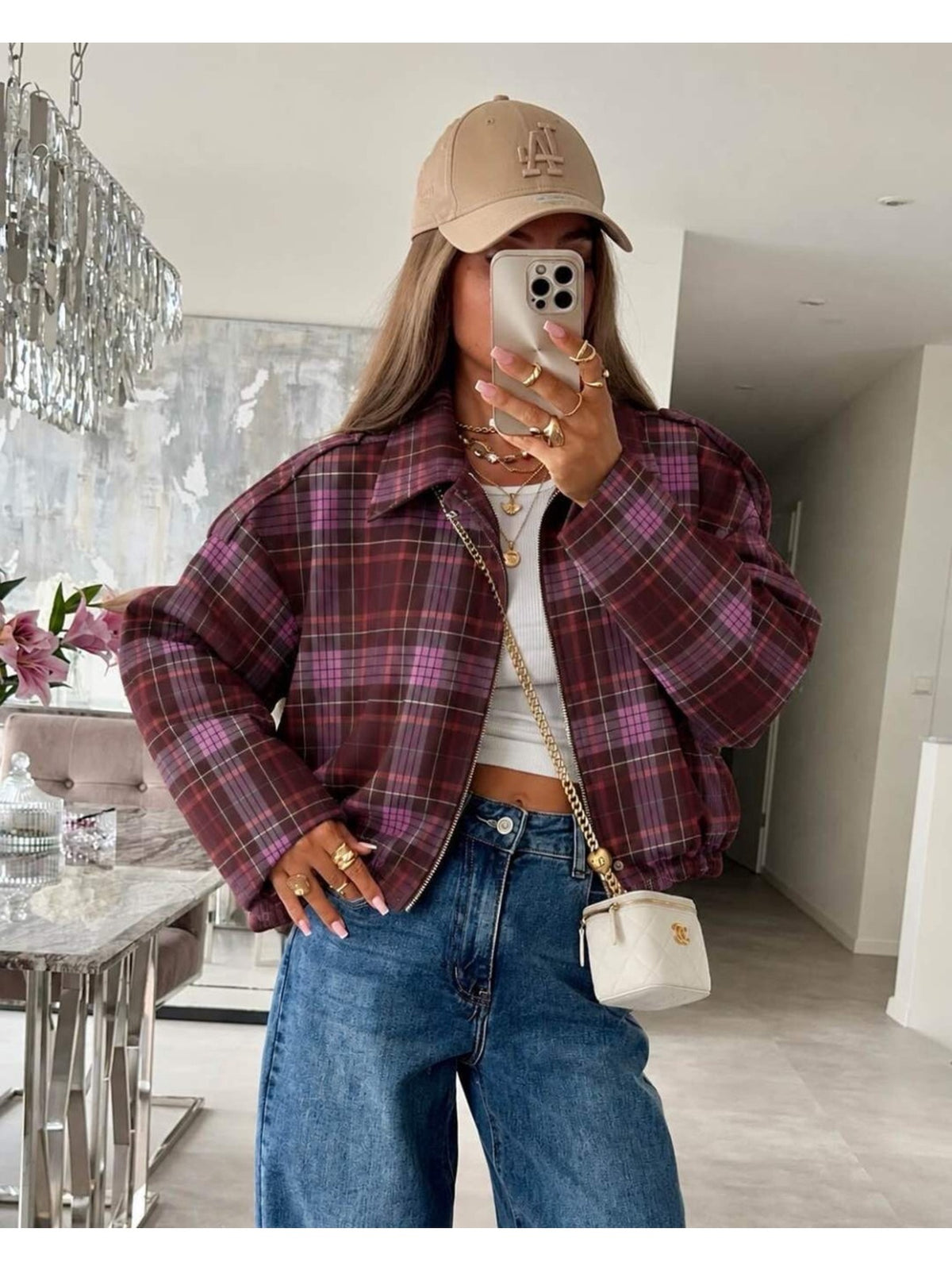 Veste bomber imprimé carreaux col chemise zippée rose pour femme, La Chica, vue 1