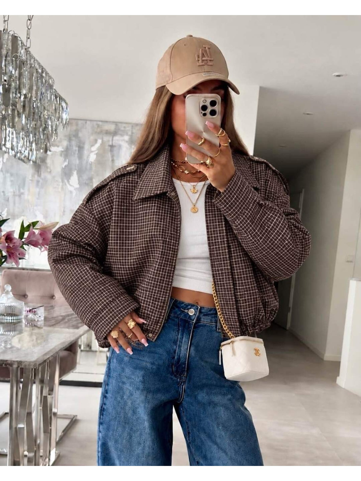 Veste bomber imprimé pied-de-poule col chemise zippée marron foncé pour femme, La Chica