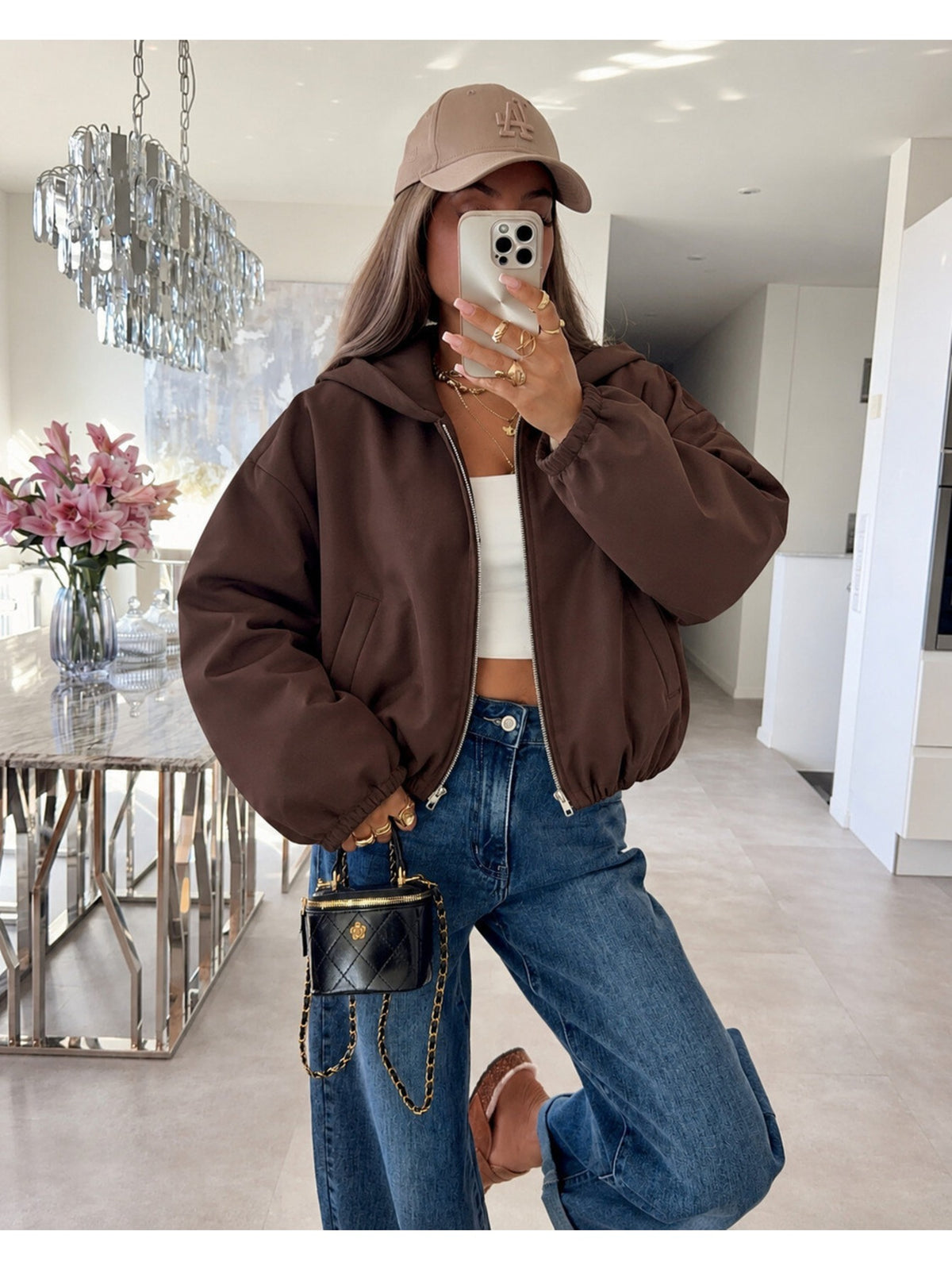 Veste bomber oversize doublée à capuche zippée marron foncé pour femme, La Chica