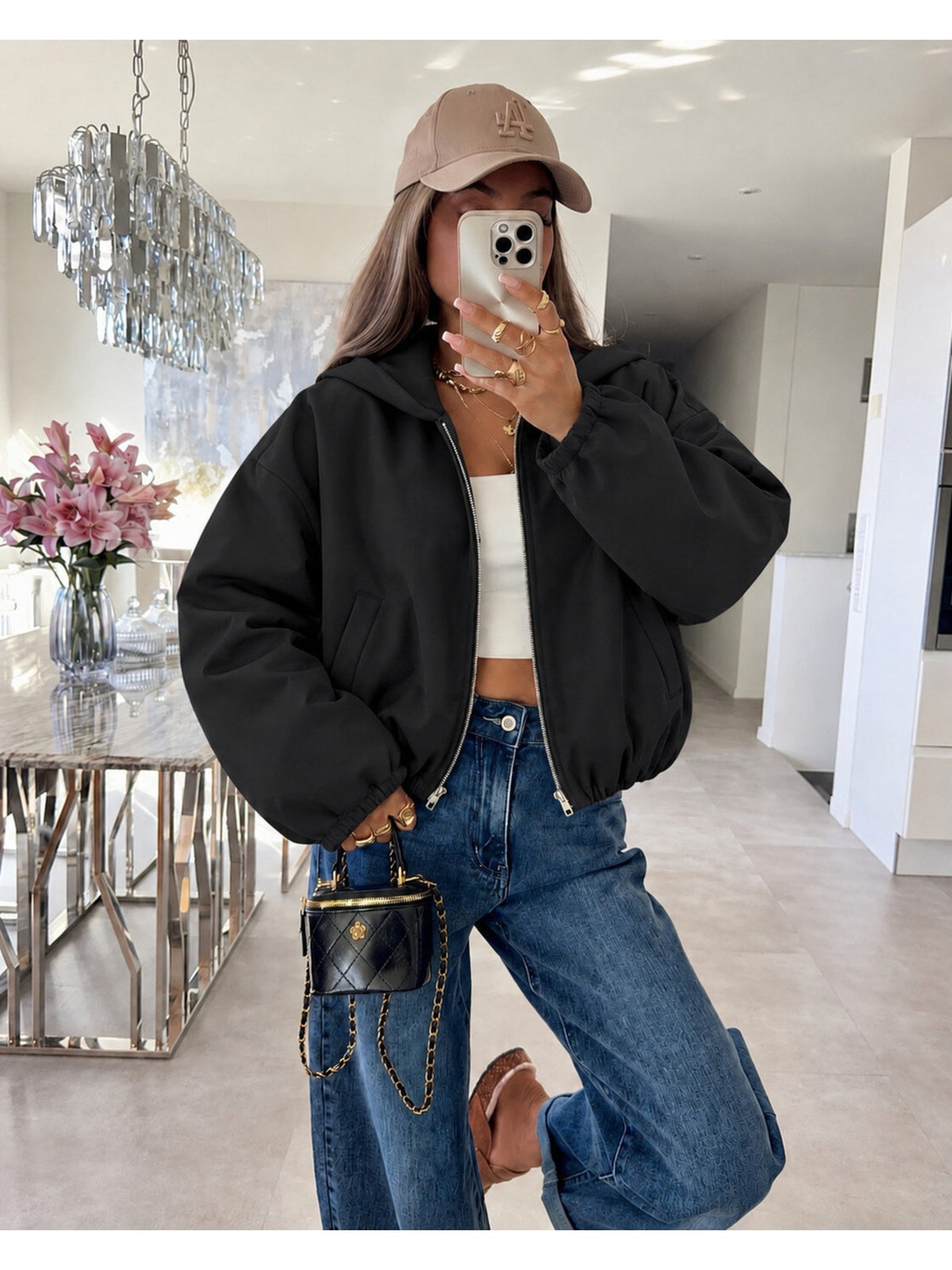 Veste bomber oversize doublée à capuche zippée noir pour femme, La Chica