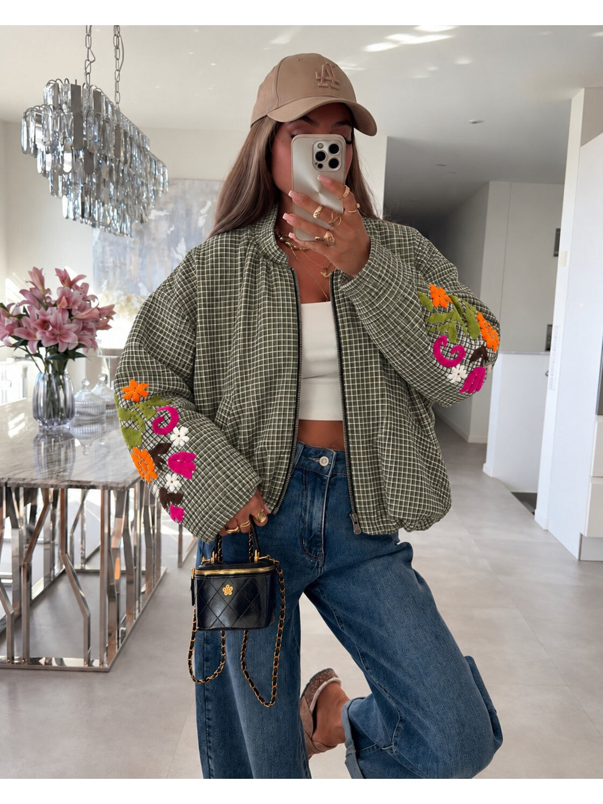 Veste bomber zippée carreaux et manches brodées kaki pour femme, La Chica